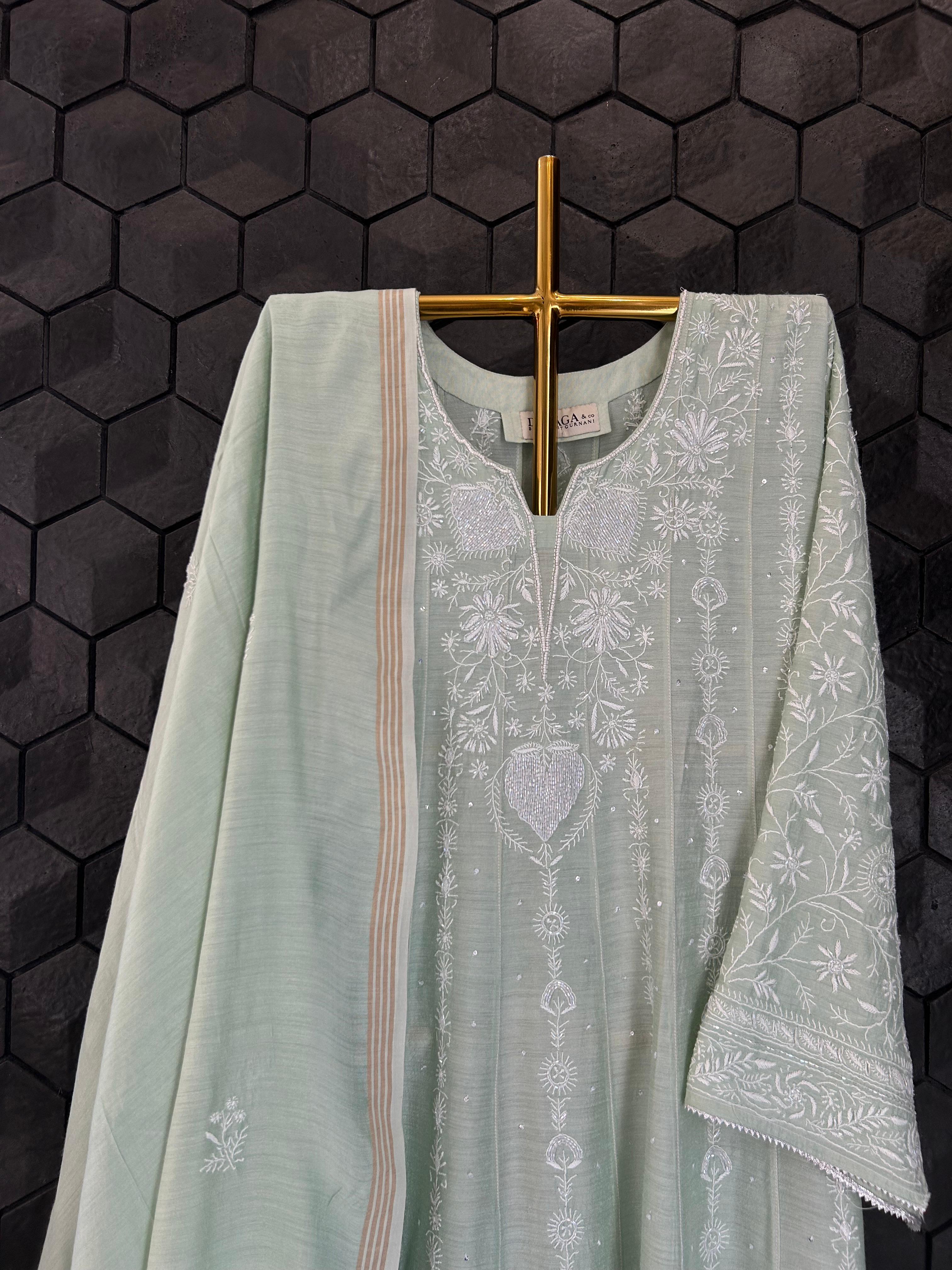 Green Munga Silk Chikankari Anarkali Set