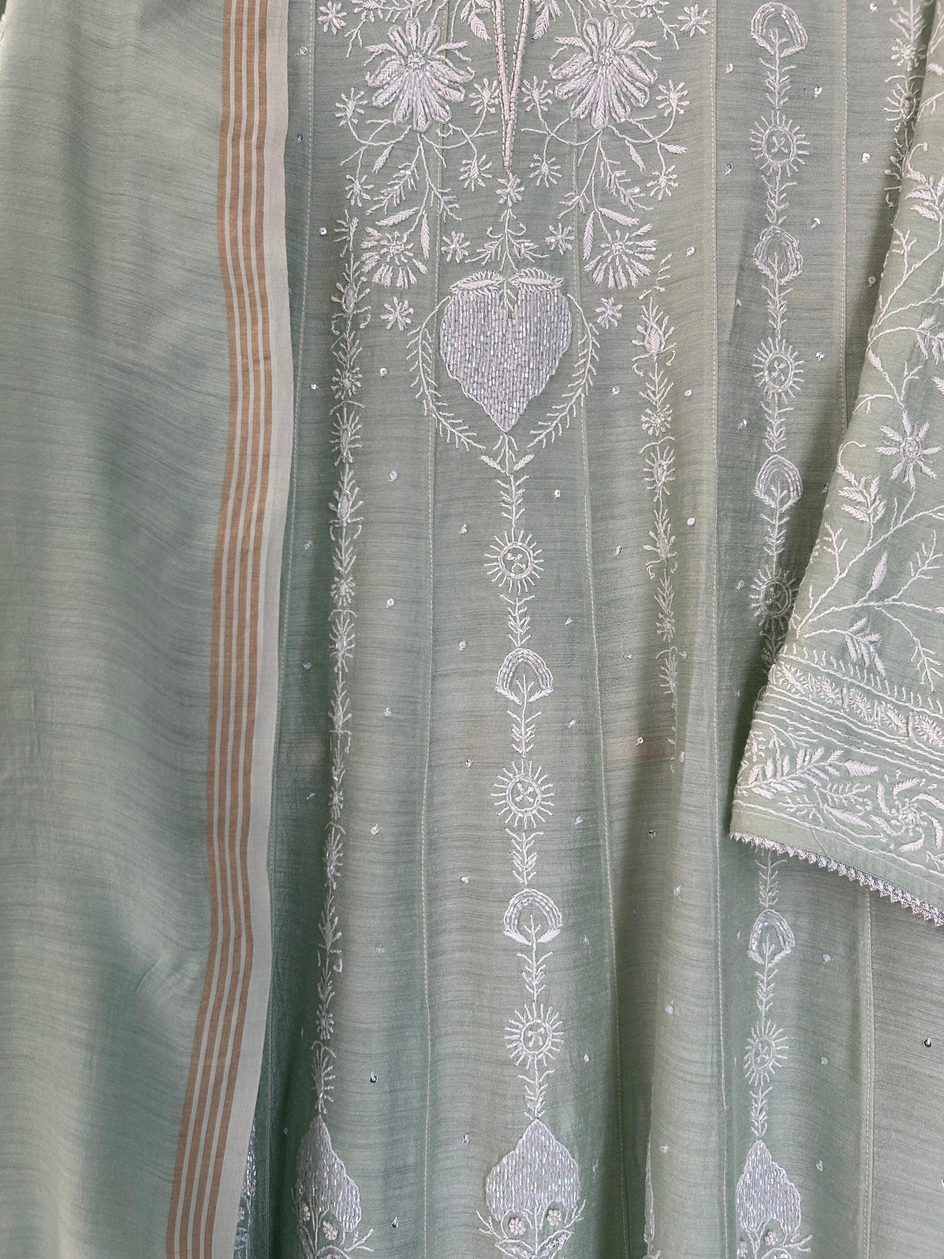 Green Munga Silk Chikankari Anarkali Set