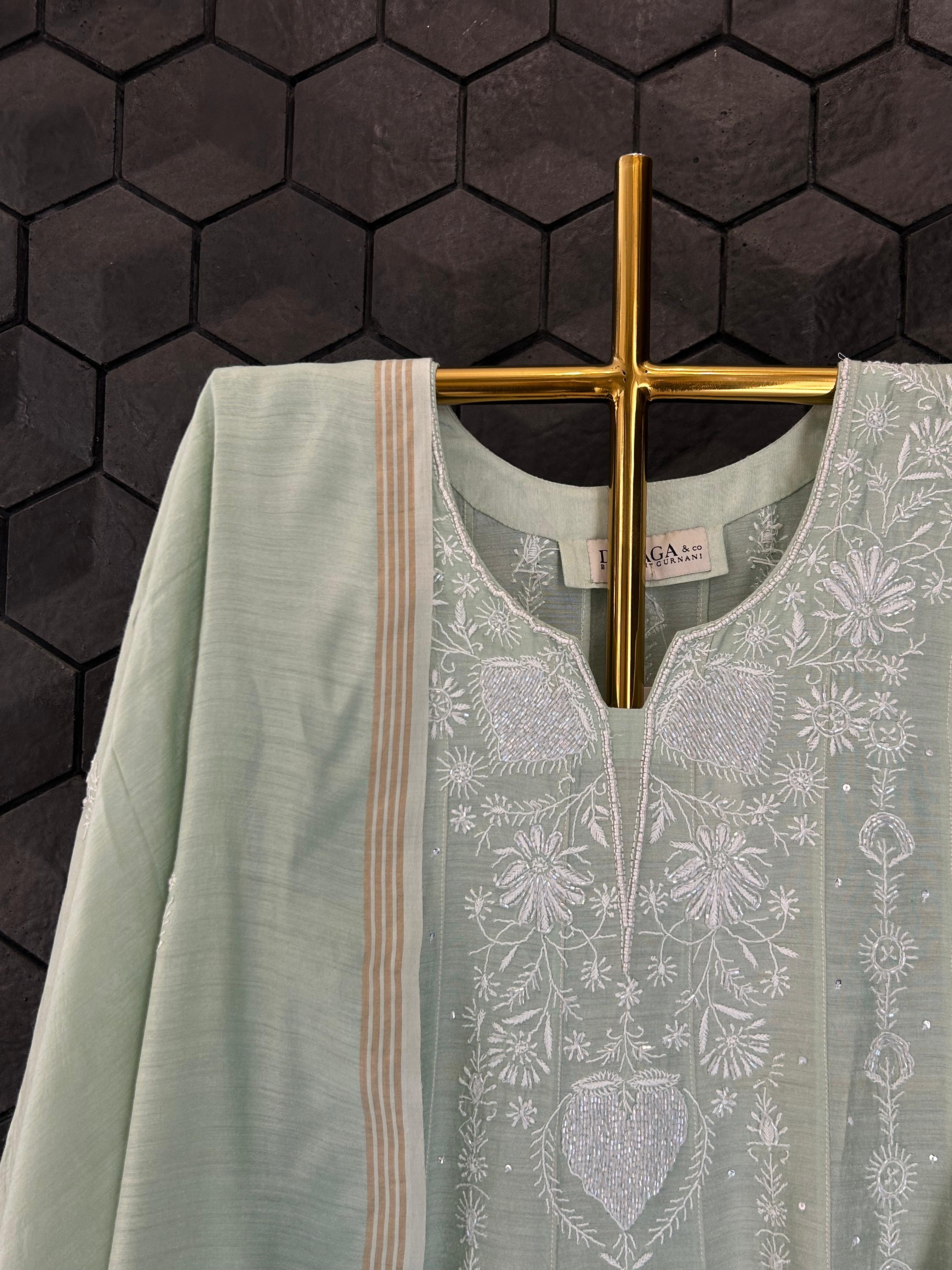 Green Munga Silk Chikankari Anarkali Set