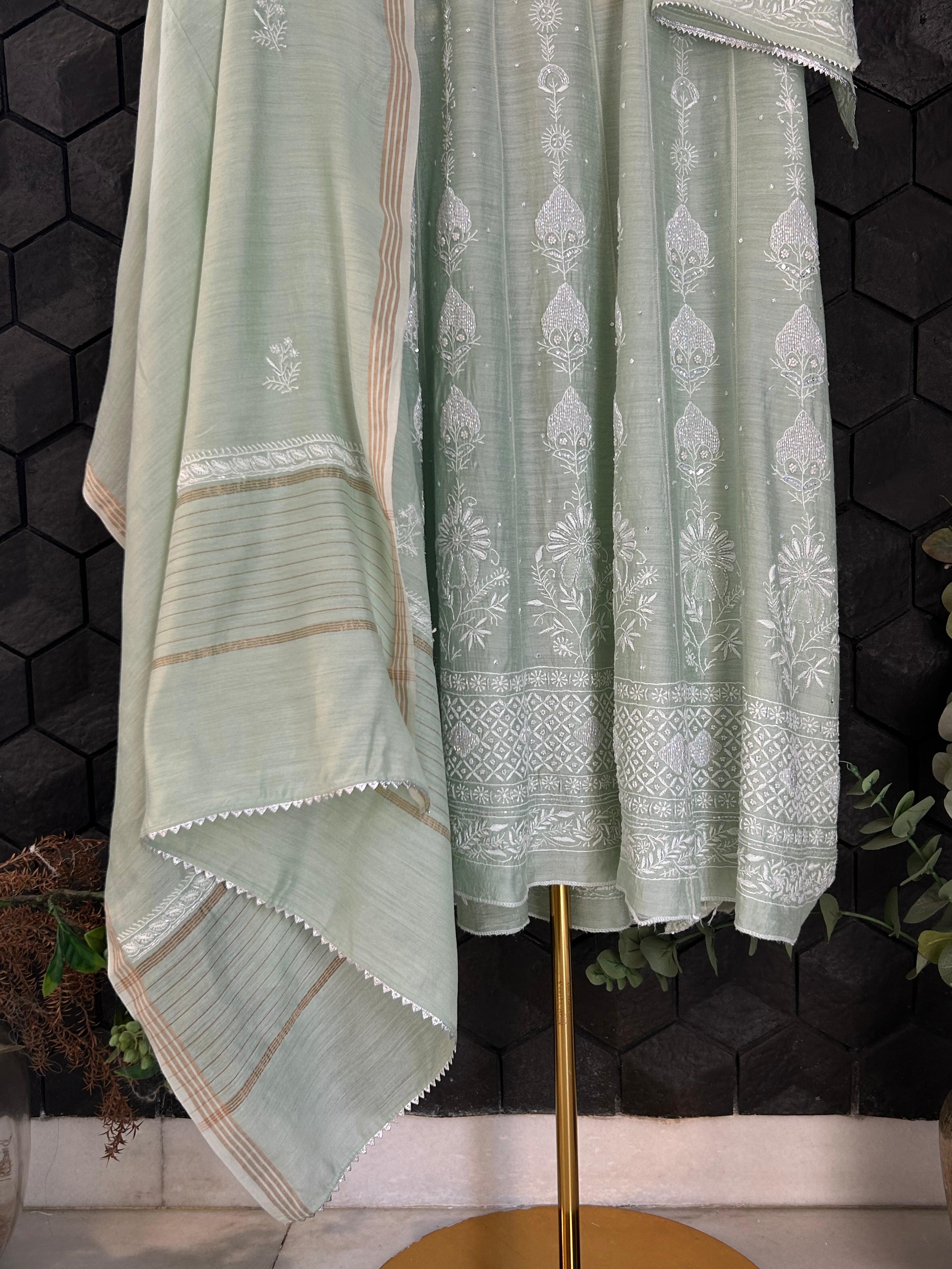 Green Munga Silk Chikankari Anarkali Set