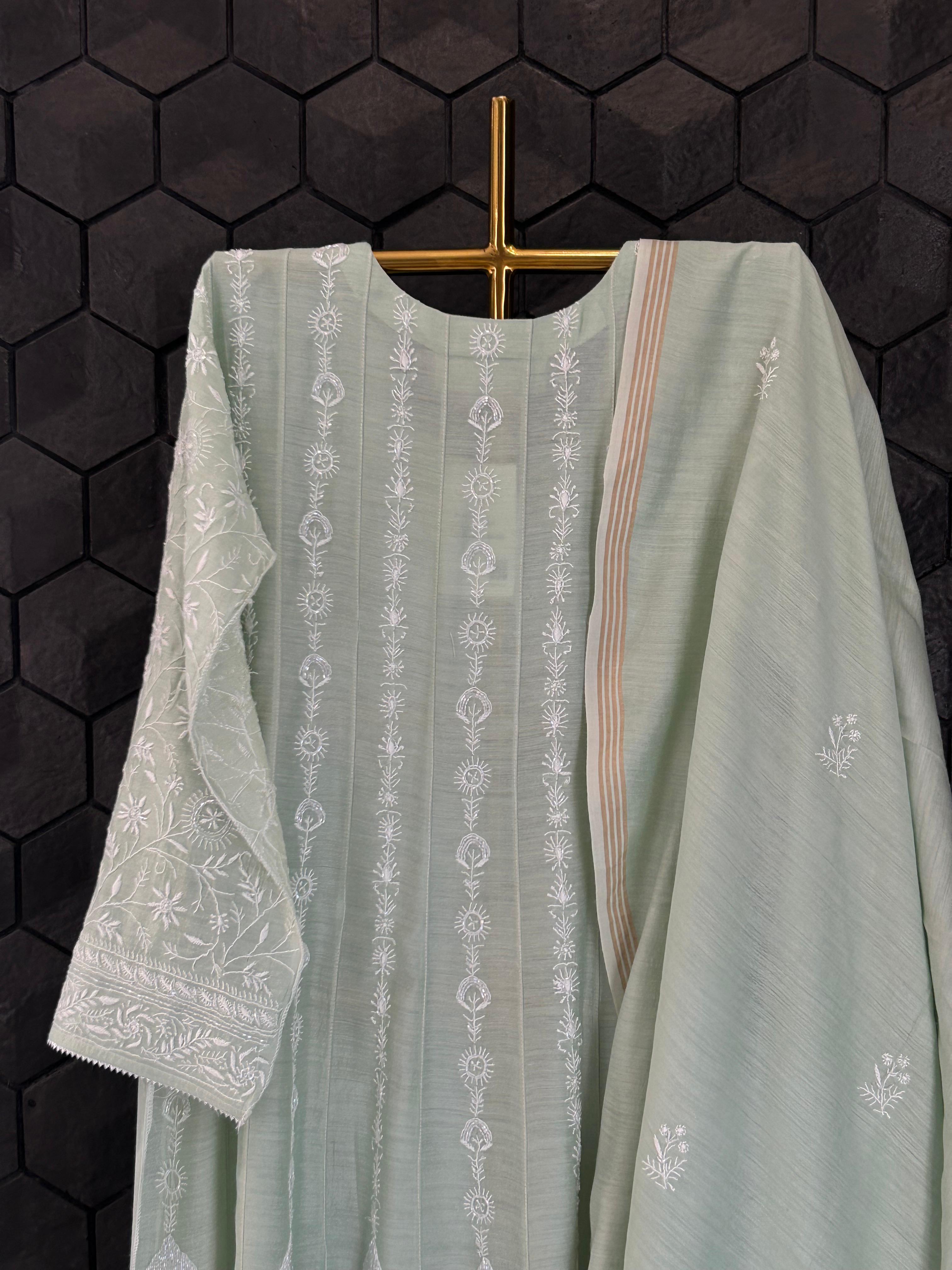 Green Munga Silk Chikankari Anarkali Set