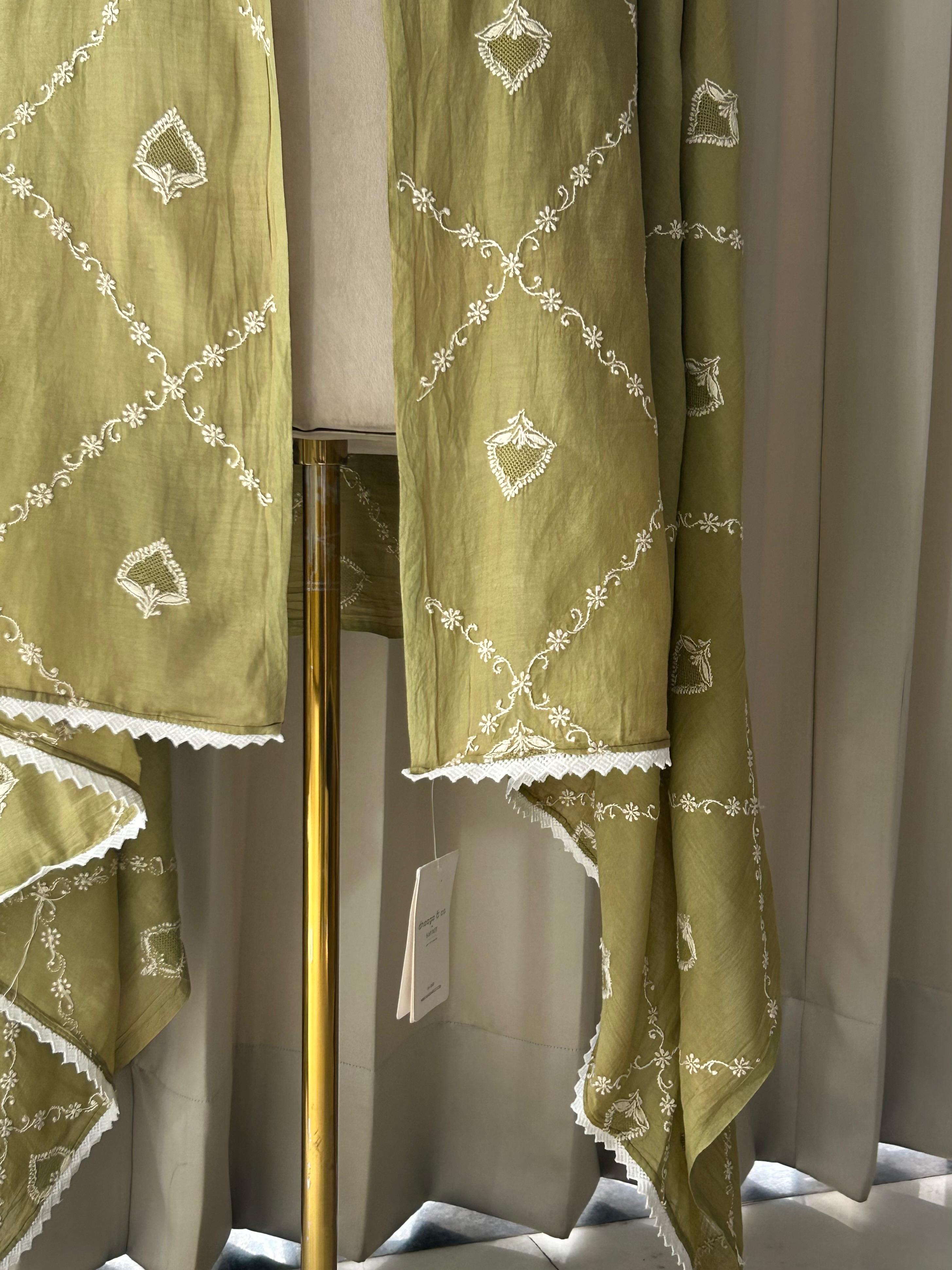 Green Mul Chanderi Chikankari Dupatta