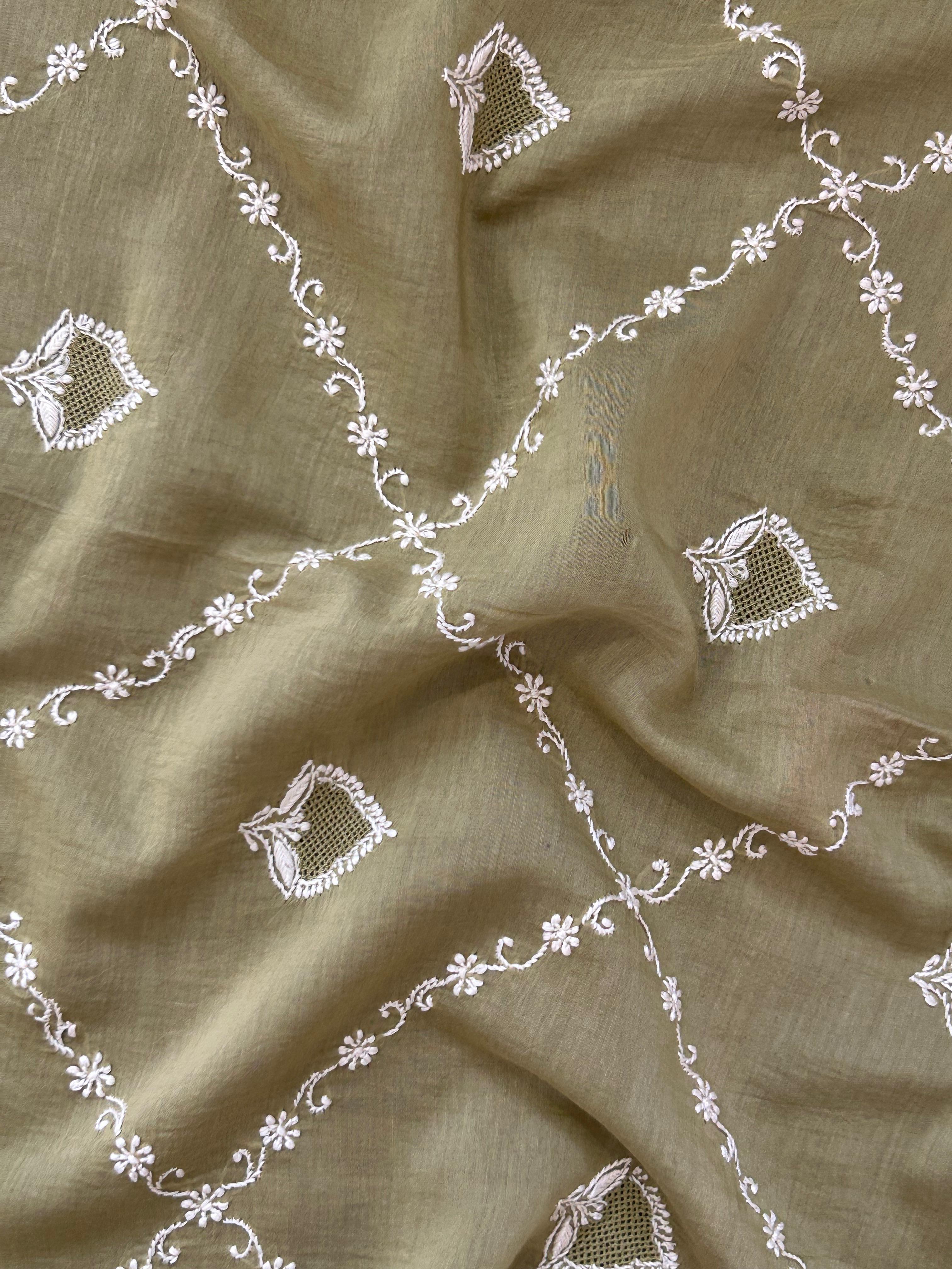Green Mul Chanderi Chikankari Dupatta