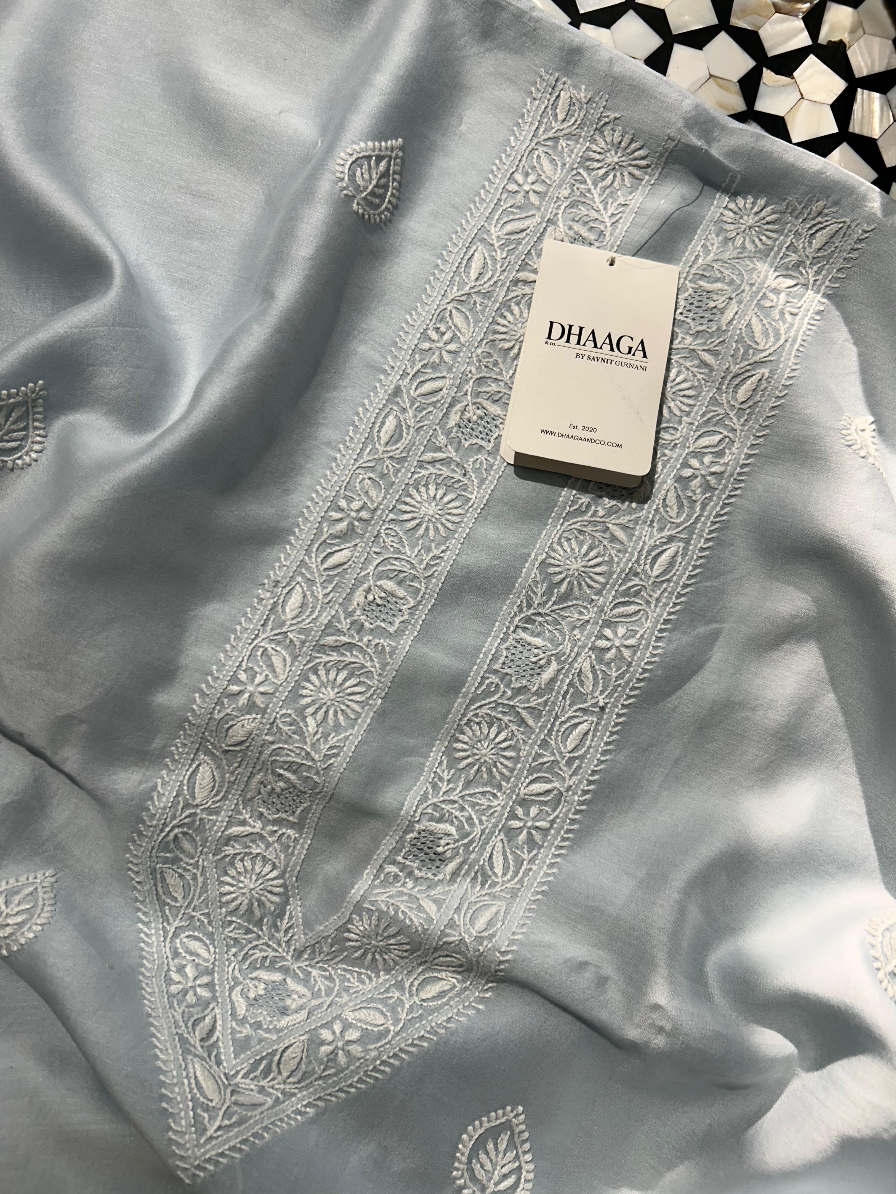 Blue Chanderi Chikankari Mens Kurta
