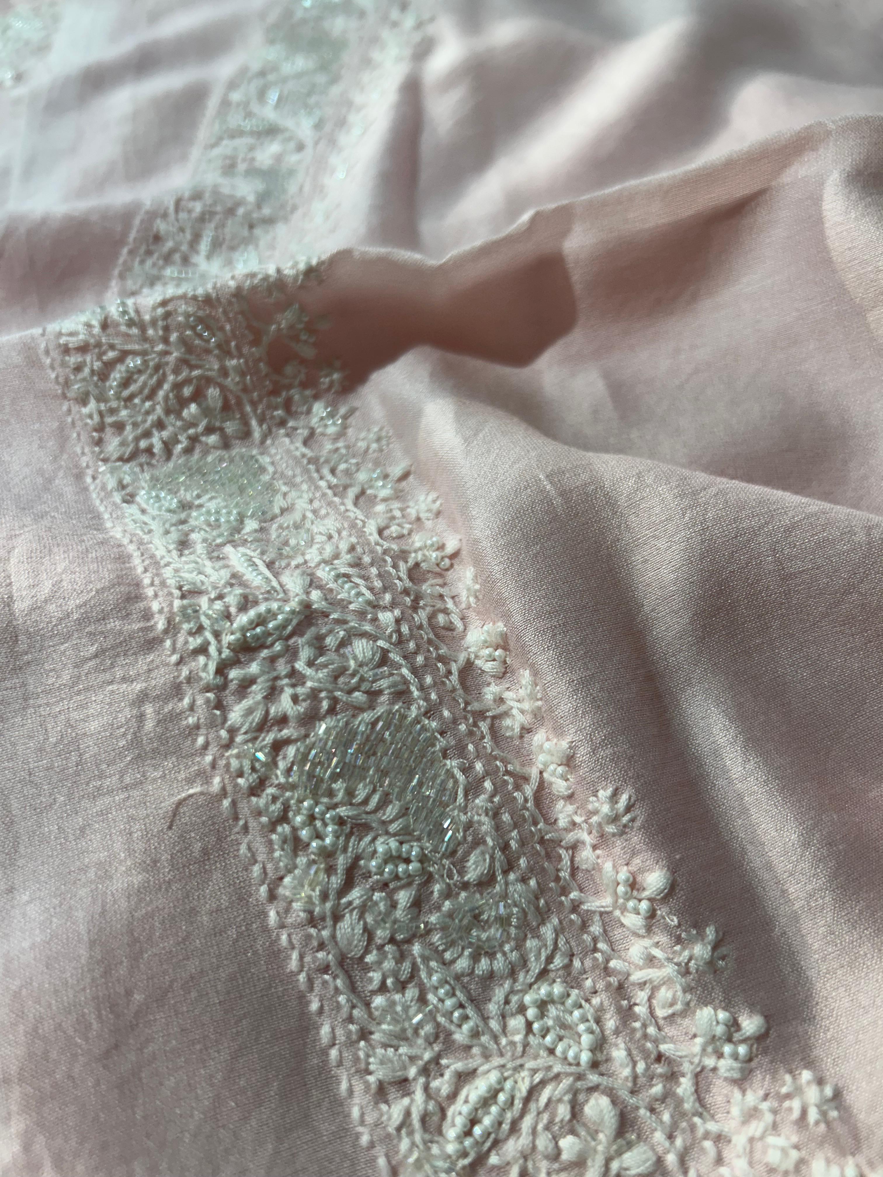 Pink Chanderi Chikankari Mens Kurta