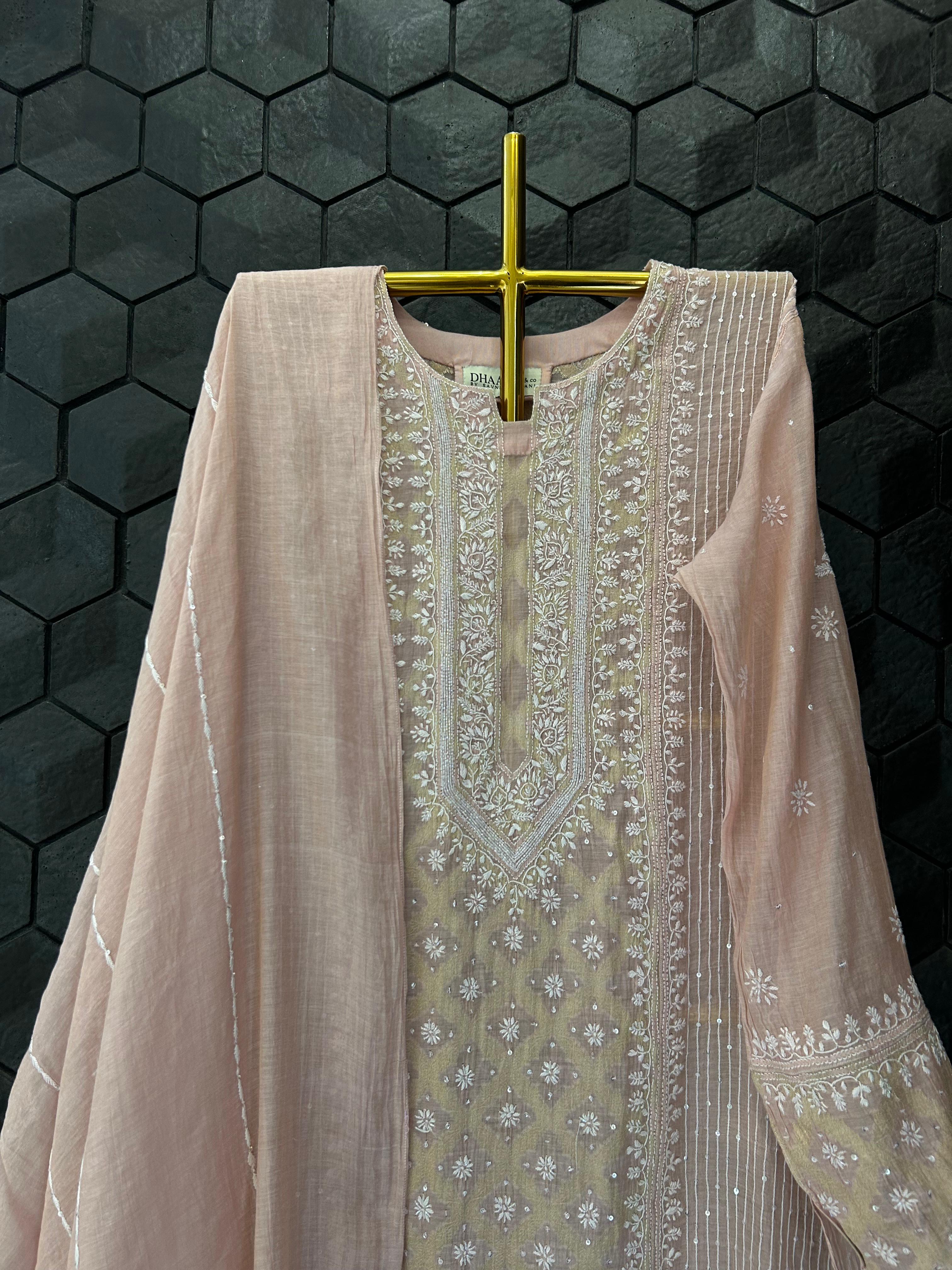 Pink Golden Tissue Chikankari Kurta Set