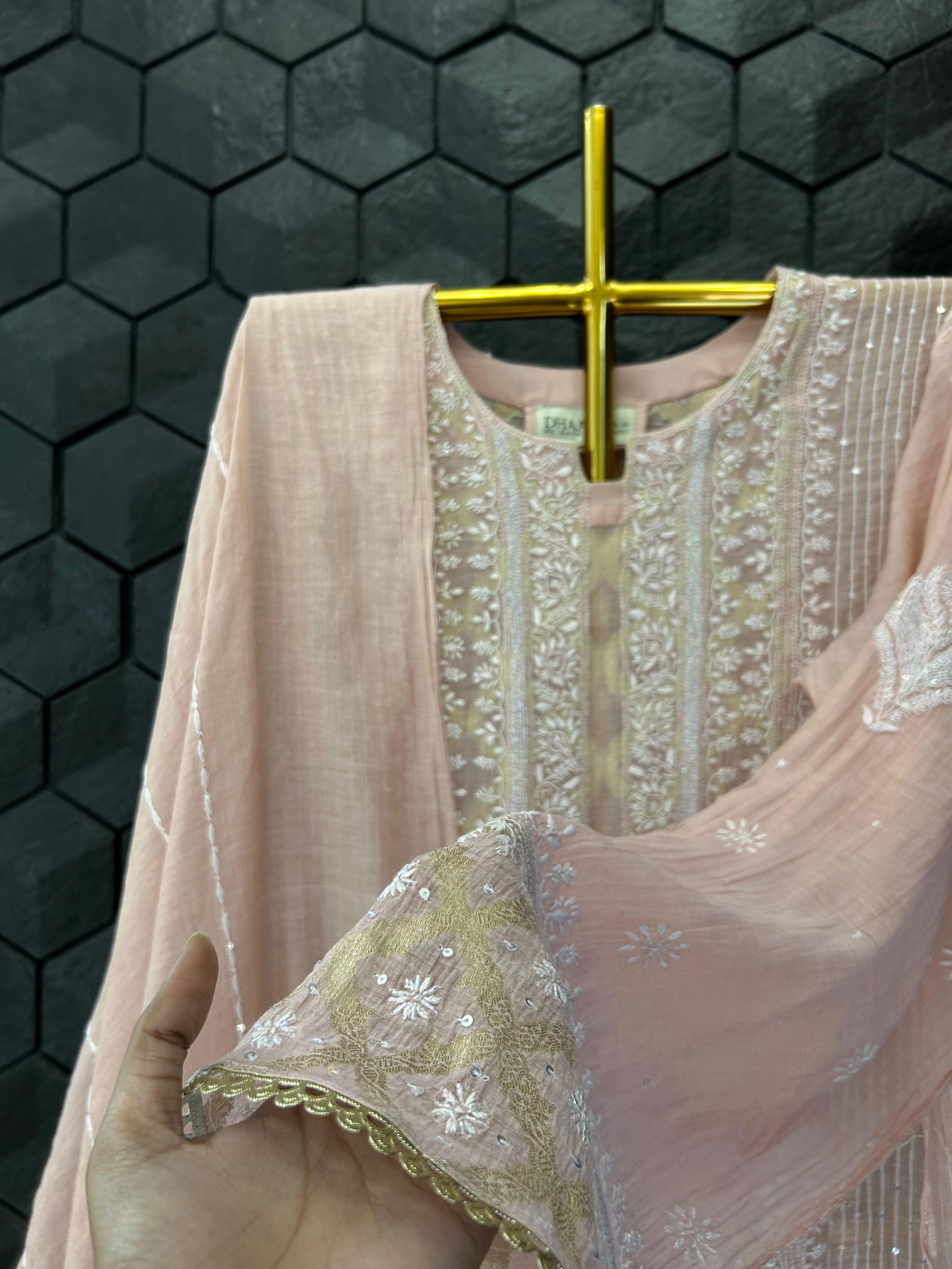 Pink Golden Tissue Chikankari Kurta Set