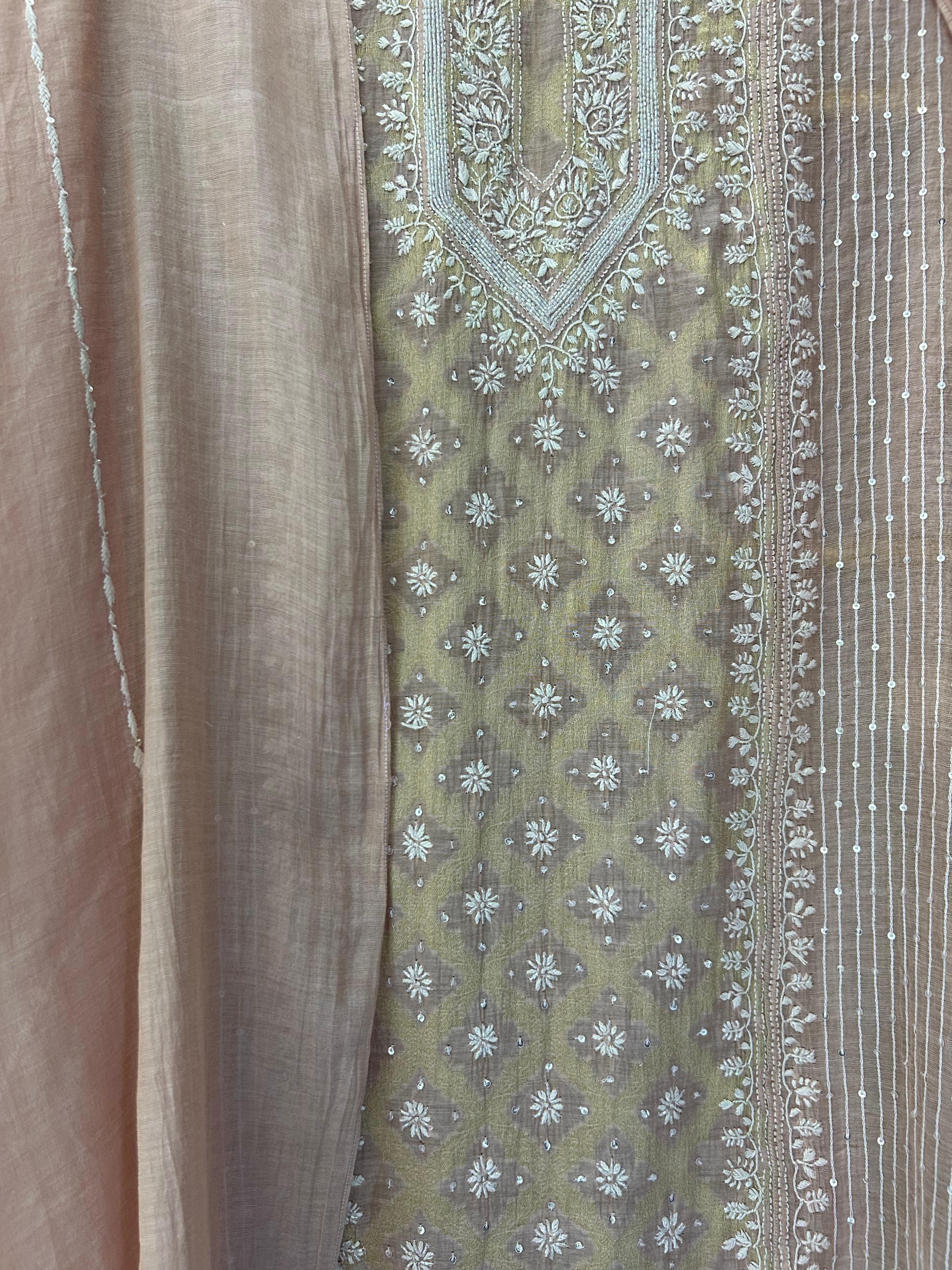 Pink Golden Tissue Chikankari Kurta Set
