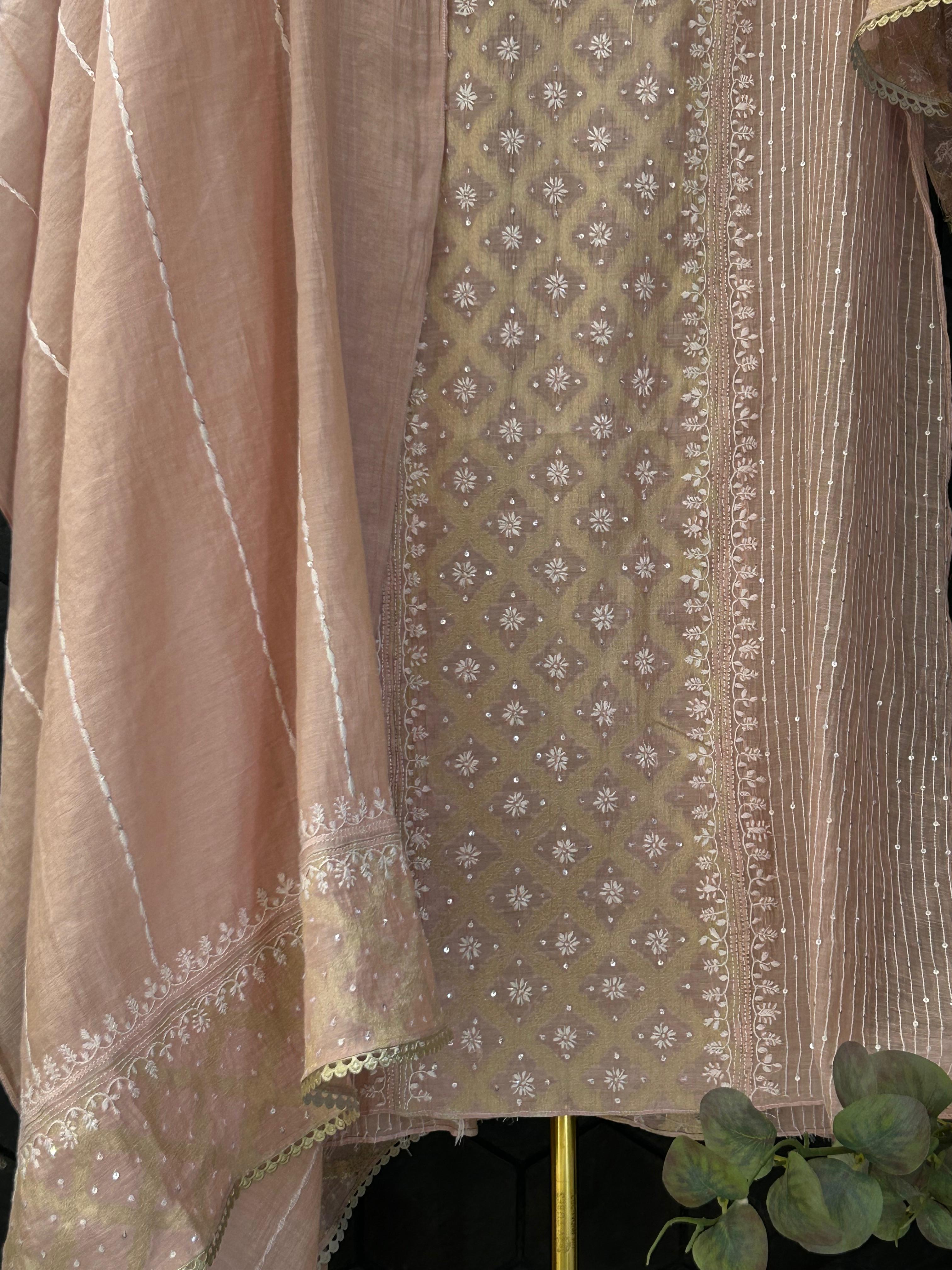 Pink Golden Tissue Chikankari Kurta Set