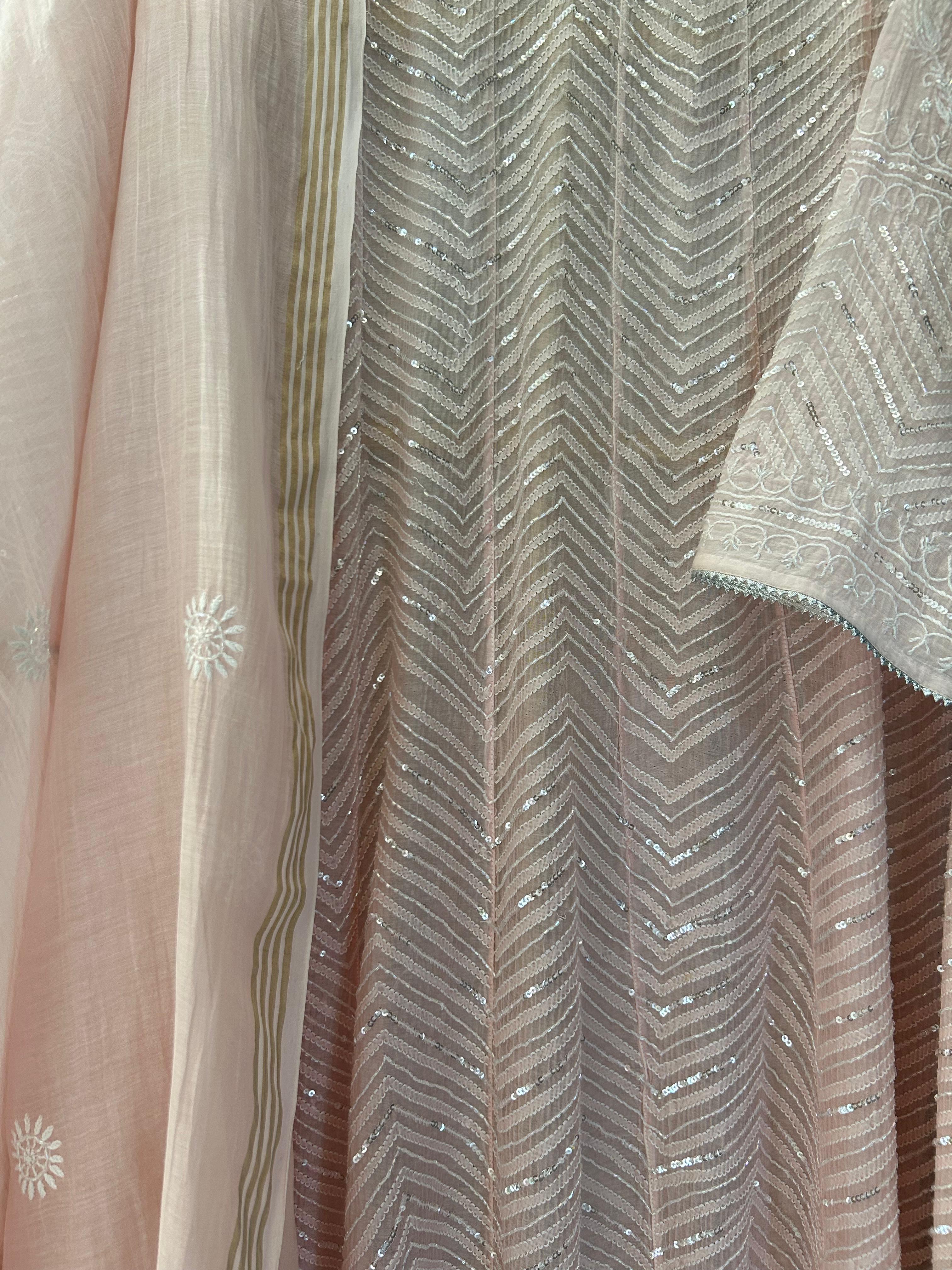 Pink Mul Chanderi Chikankari Anarkali Set