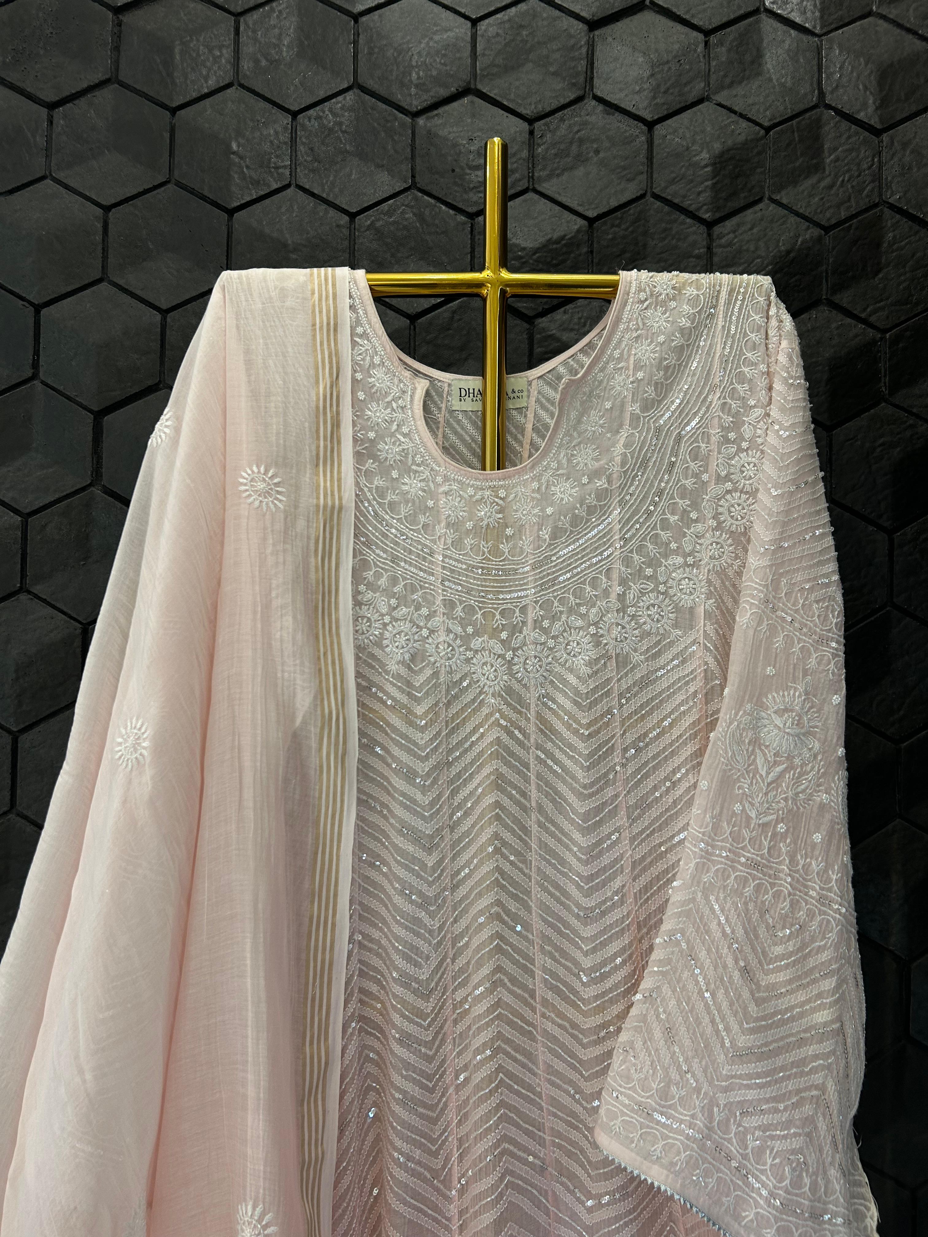 Pink Mul Chanderi Chikankari Anarkali Set
