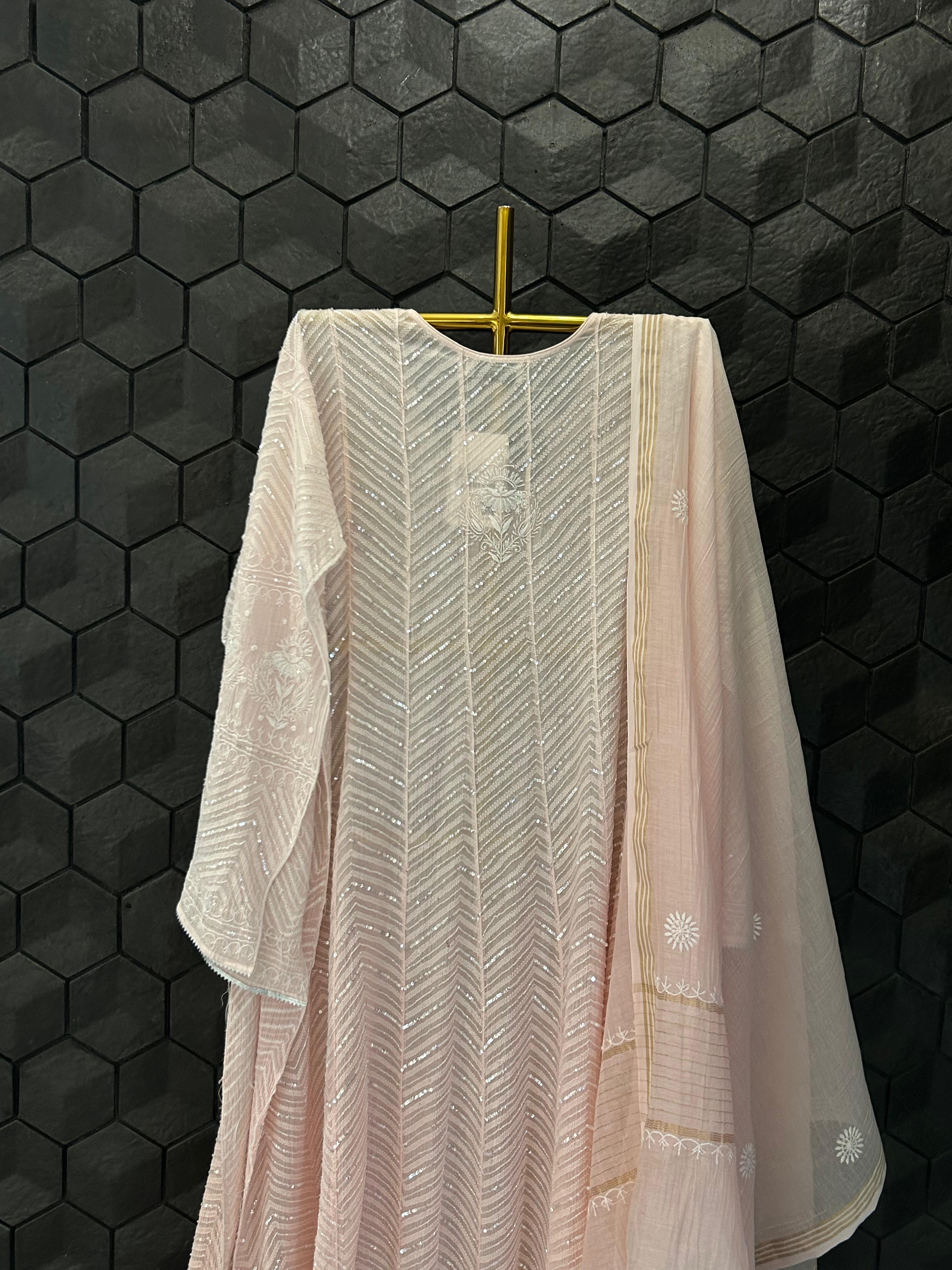 Pink Mul Chanderi Chikankari Anarkali Set