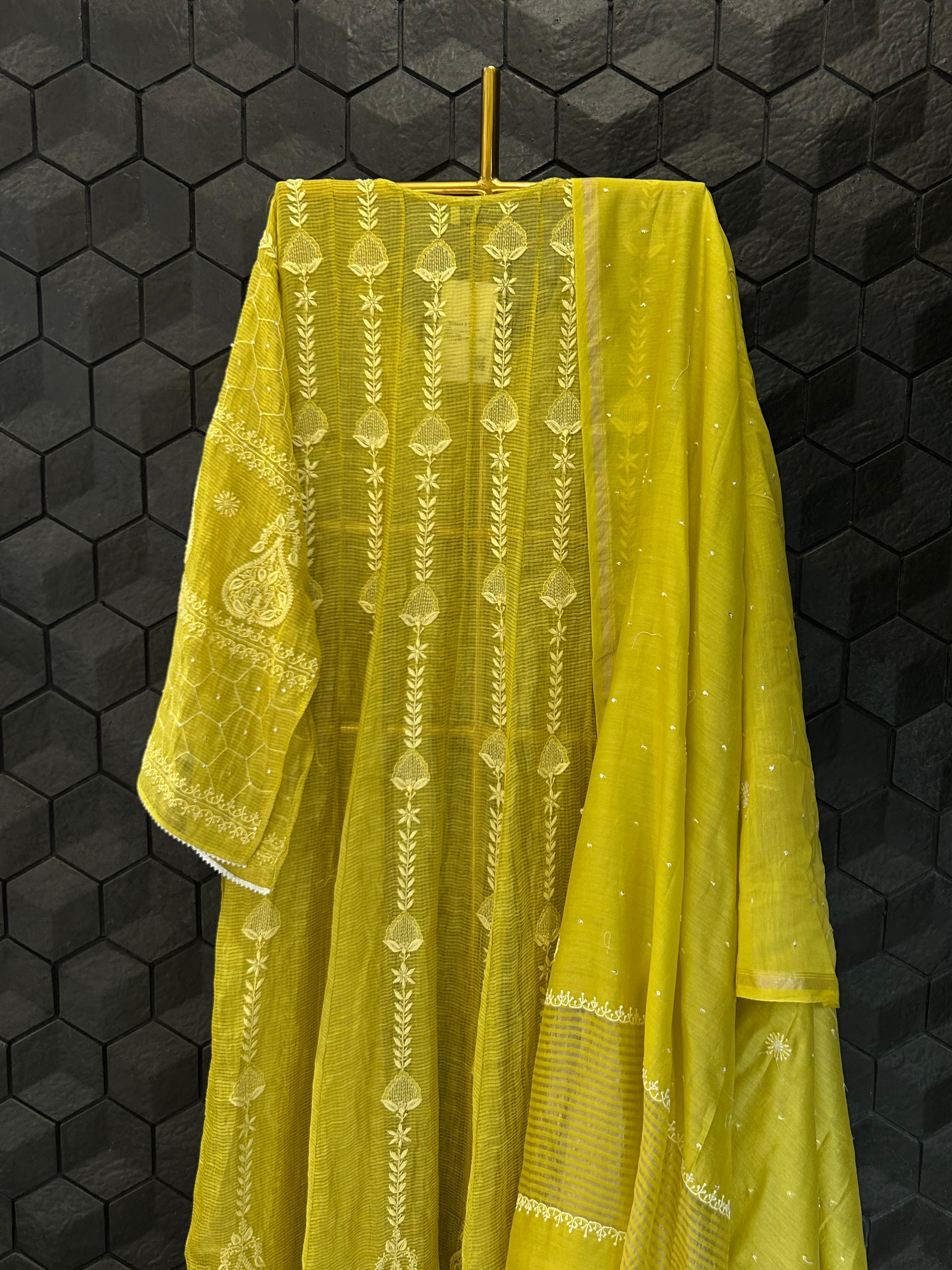 Green Striped Tissue Chikankari Anarkali  Set