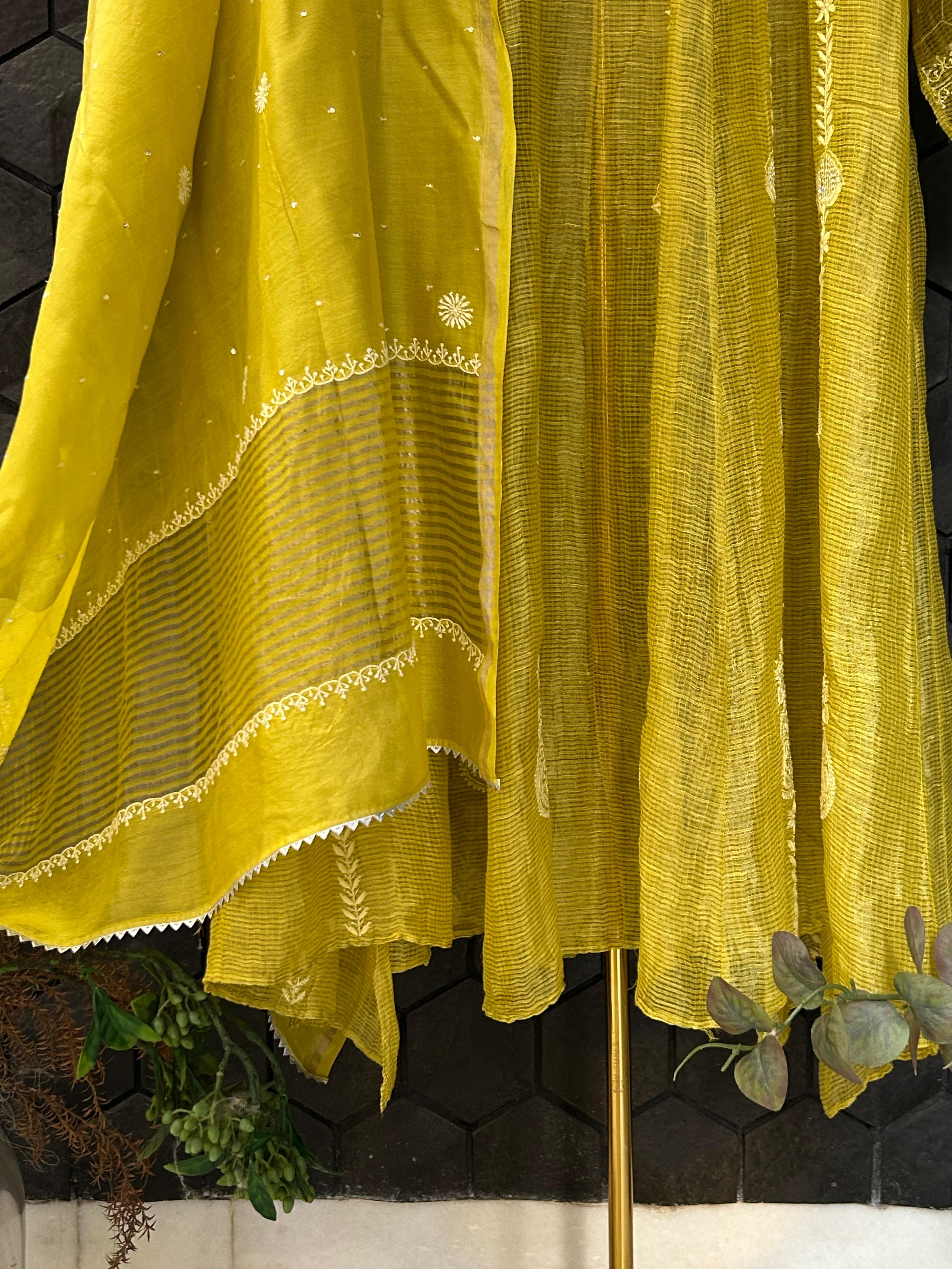 Green Striped Tissue Chikankari Anarkali  Set