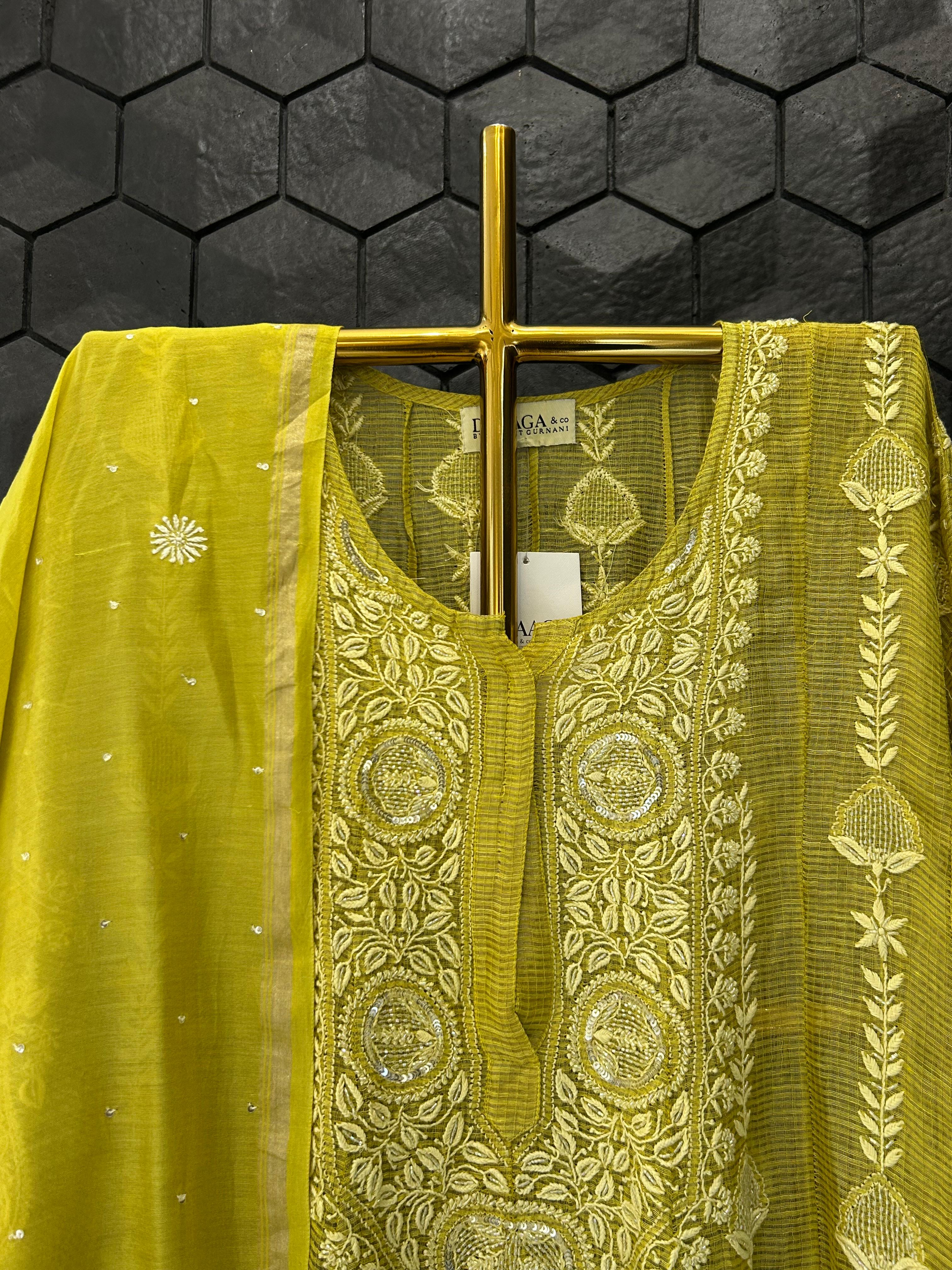 Green Striped Tissue Chikankari Anarkali  Set