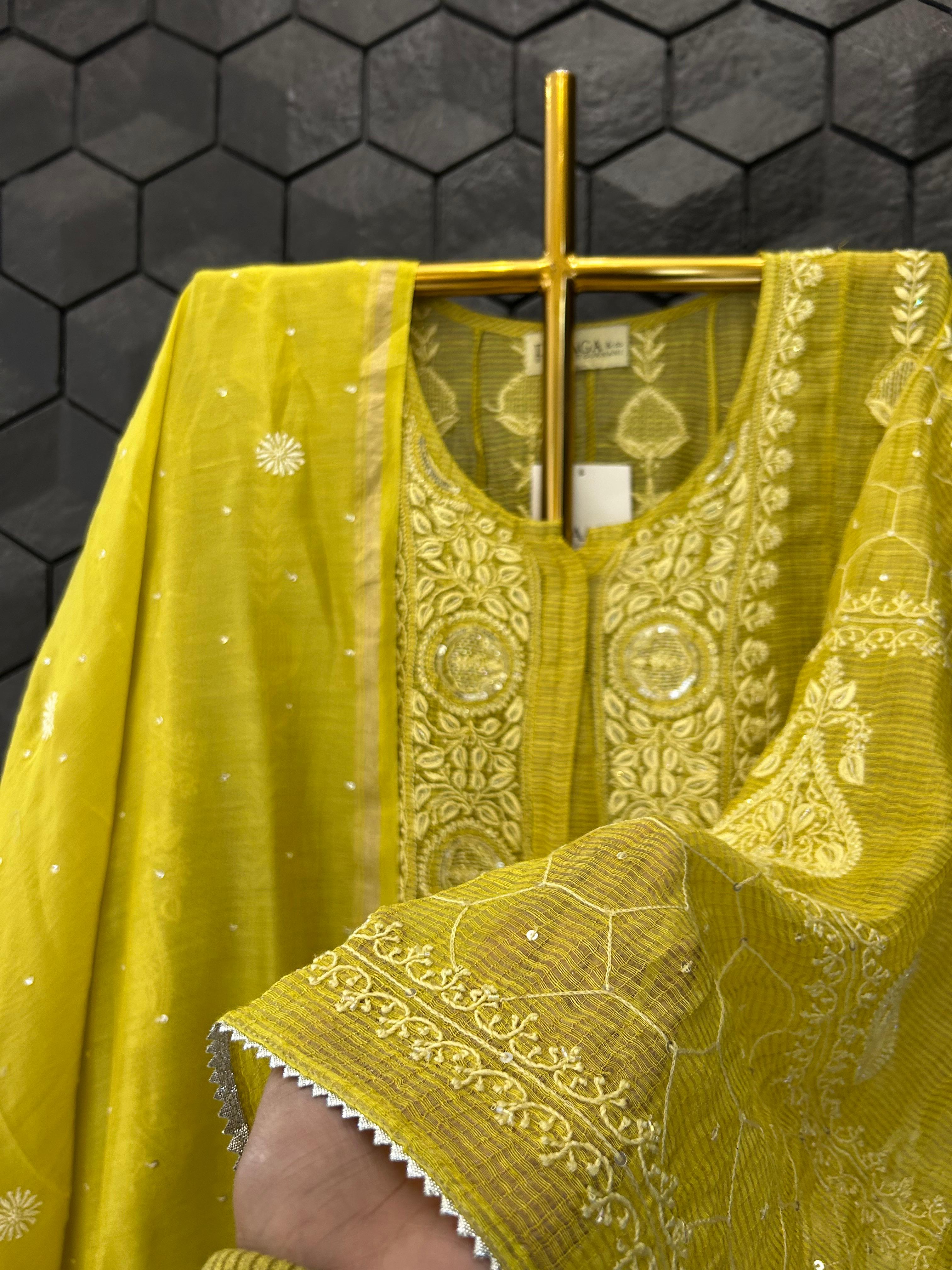 Green Striped Tissue Chikankari Anarkali  Set