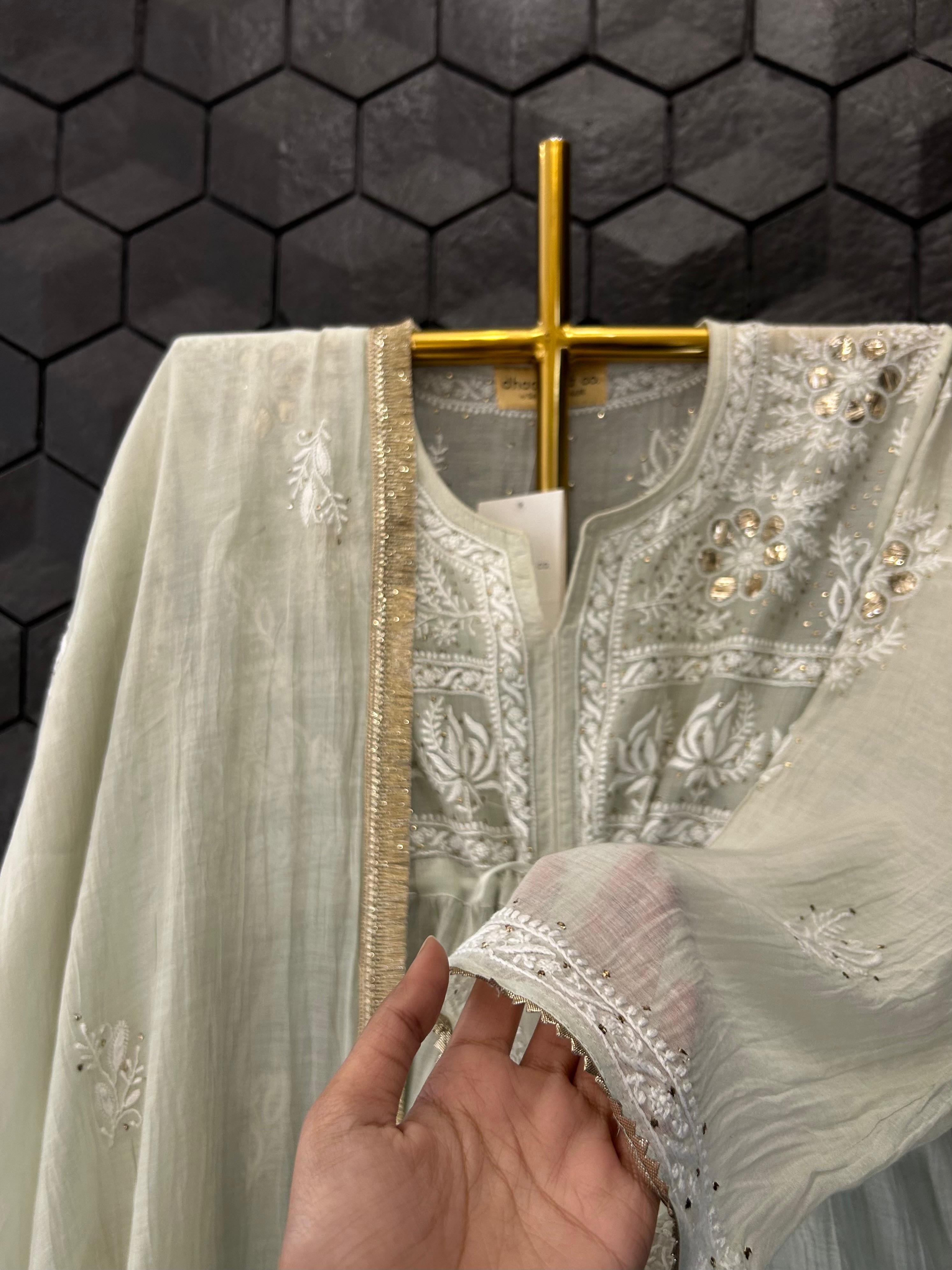 Green Mul Chanderi Chikankari Sharara  Set