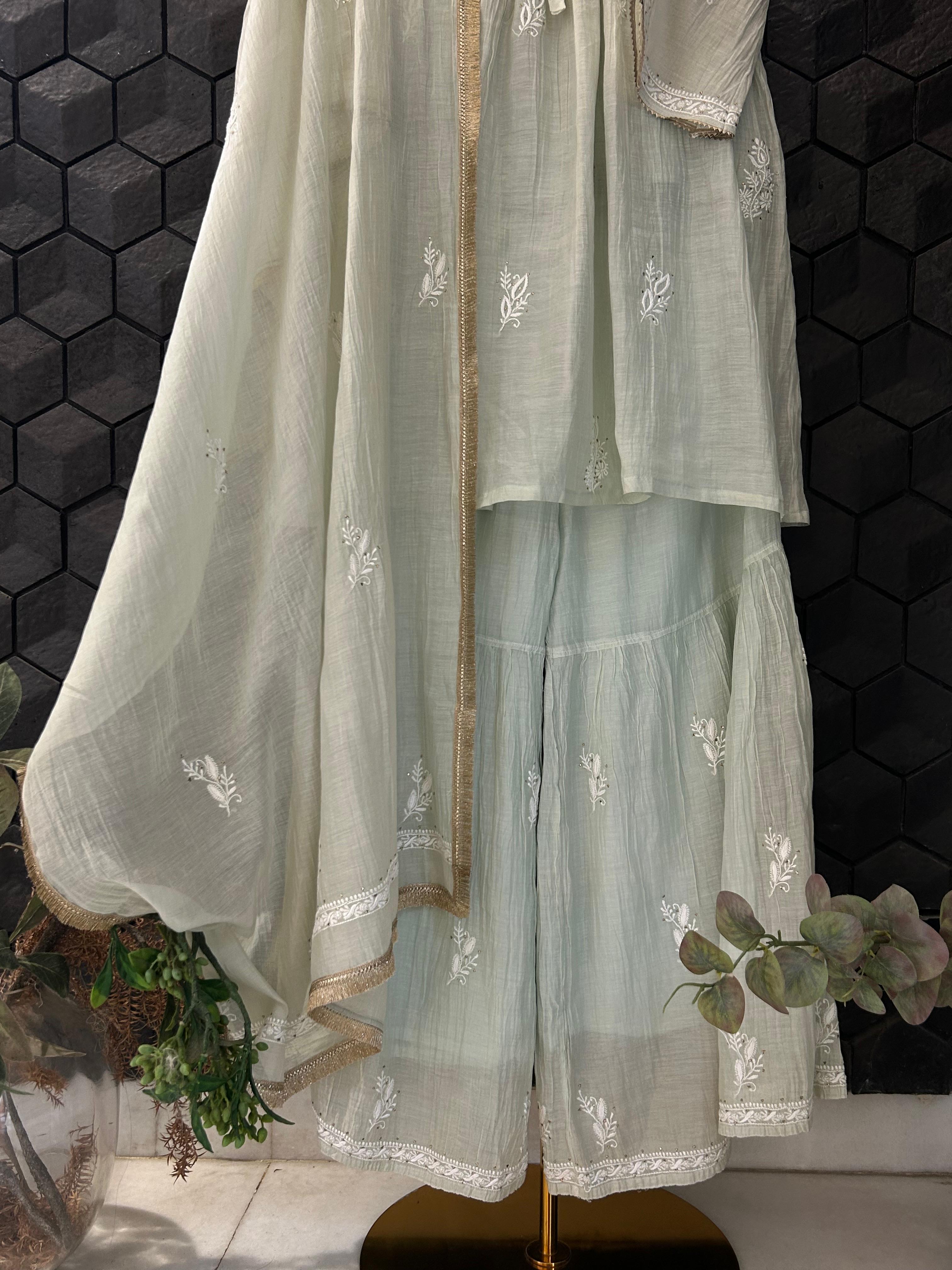 Green Mul Chanderi Chikankari Sharara  Set