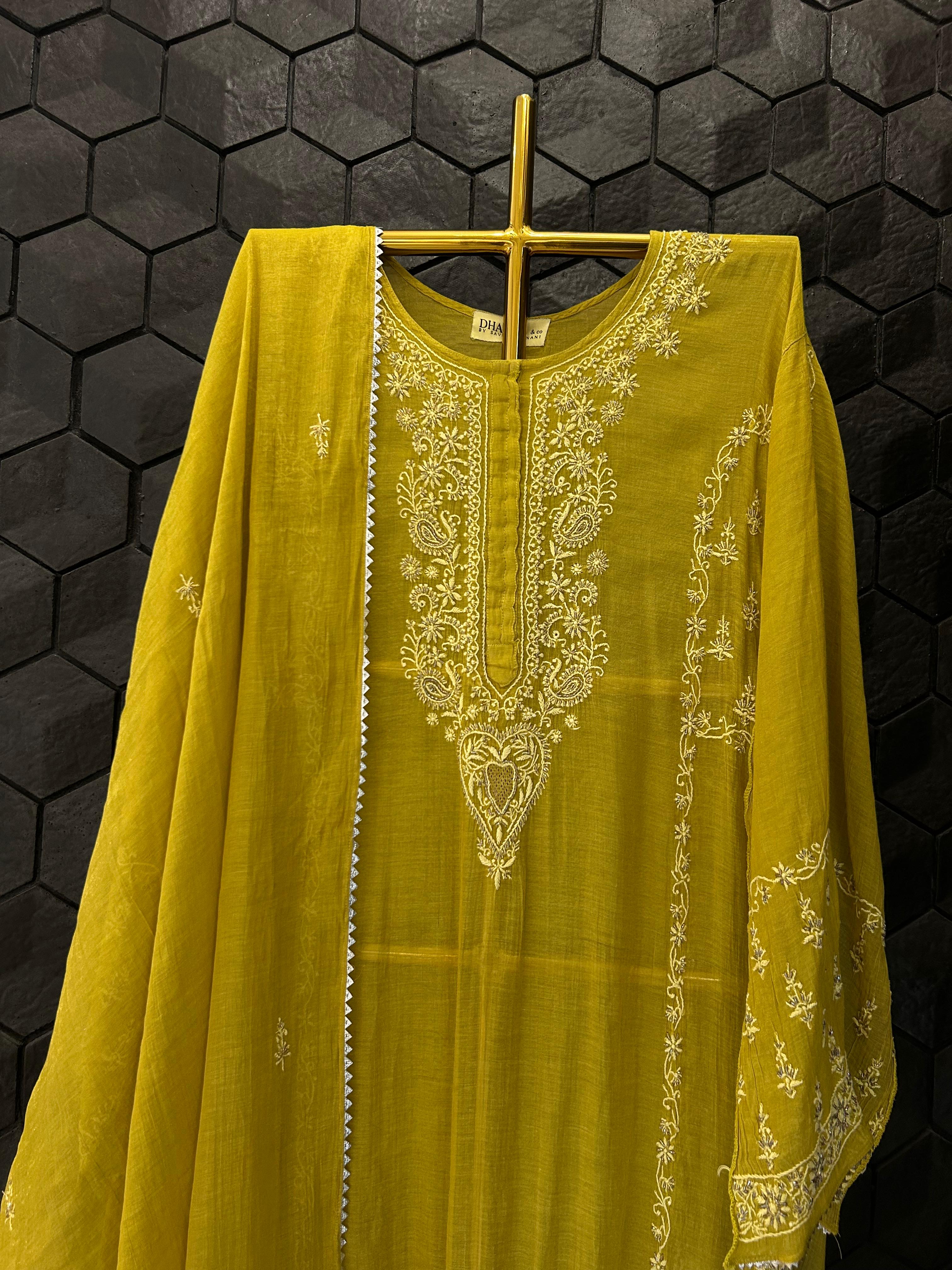 Green Zari Tissue Chikankari Kurta Set