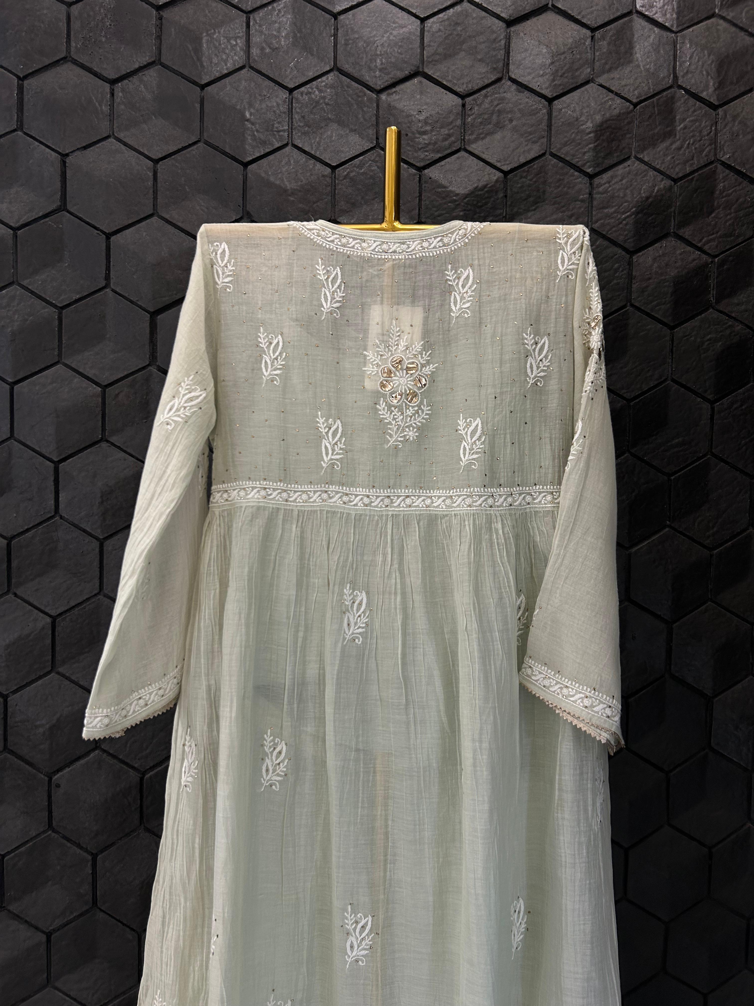 Green Mul Chanderi Chikankari Sharara  Set