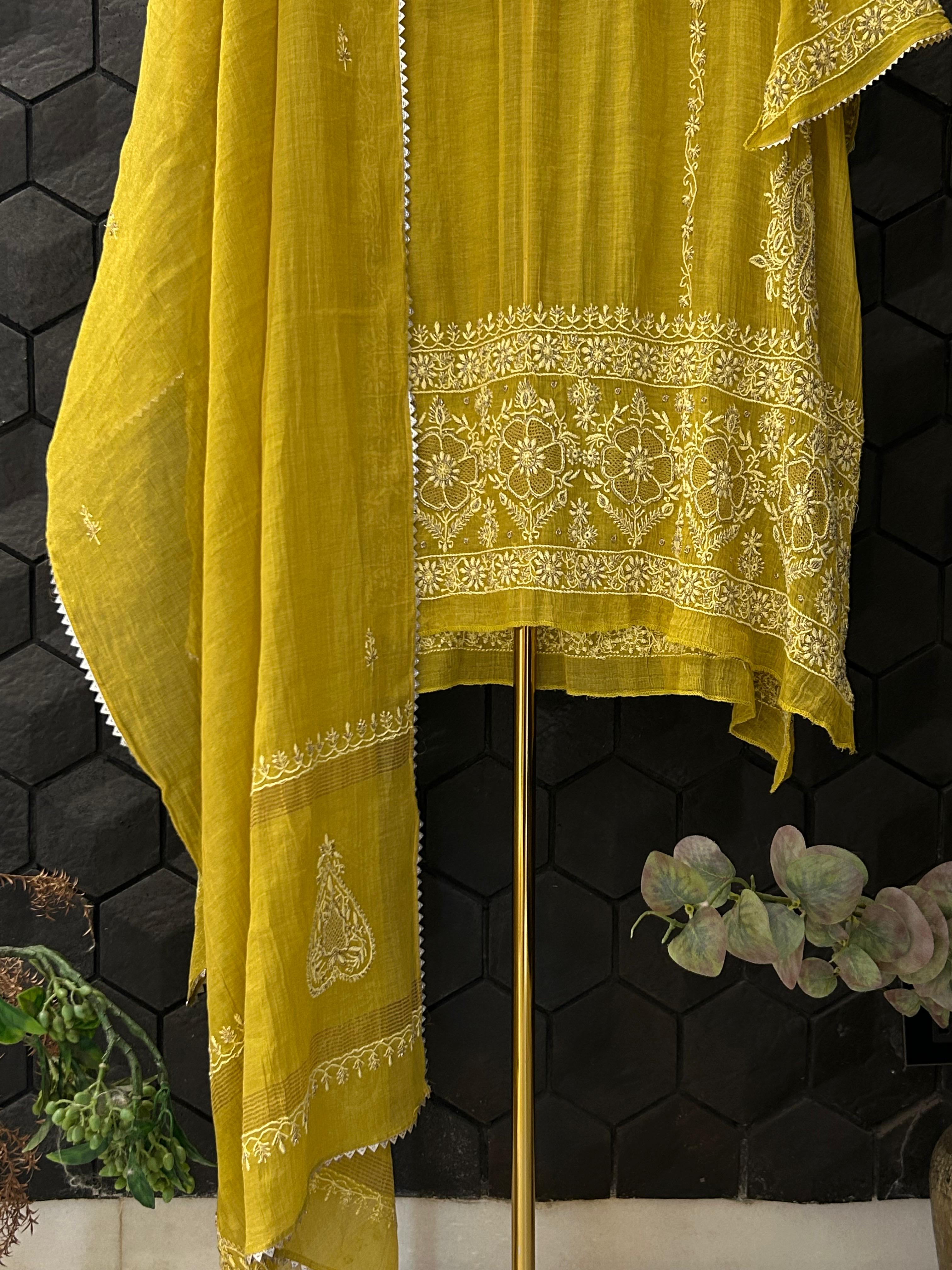 Green Zari Tissue Chikankari Kurta Set