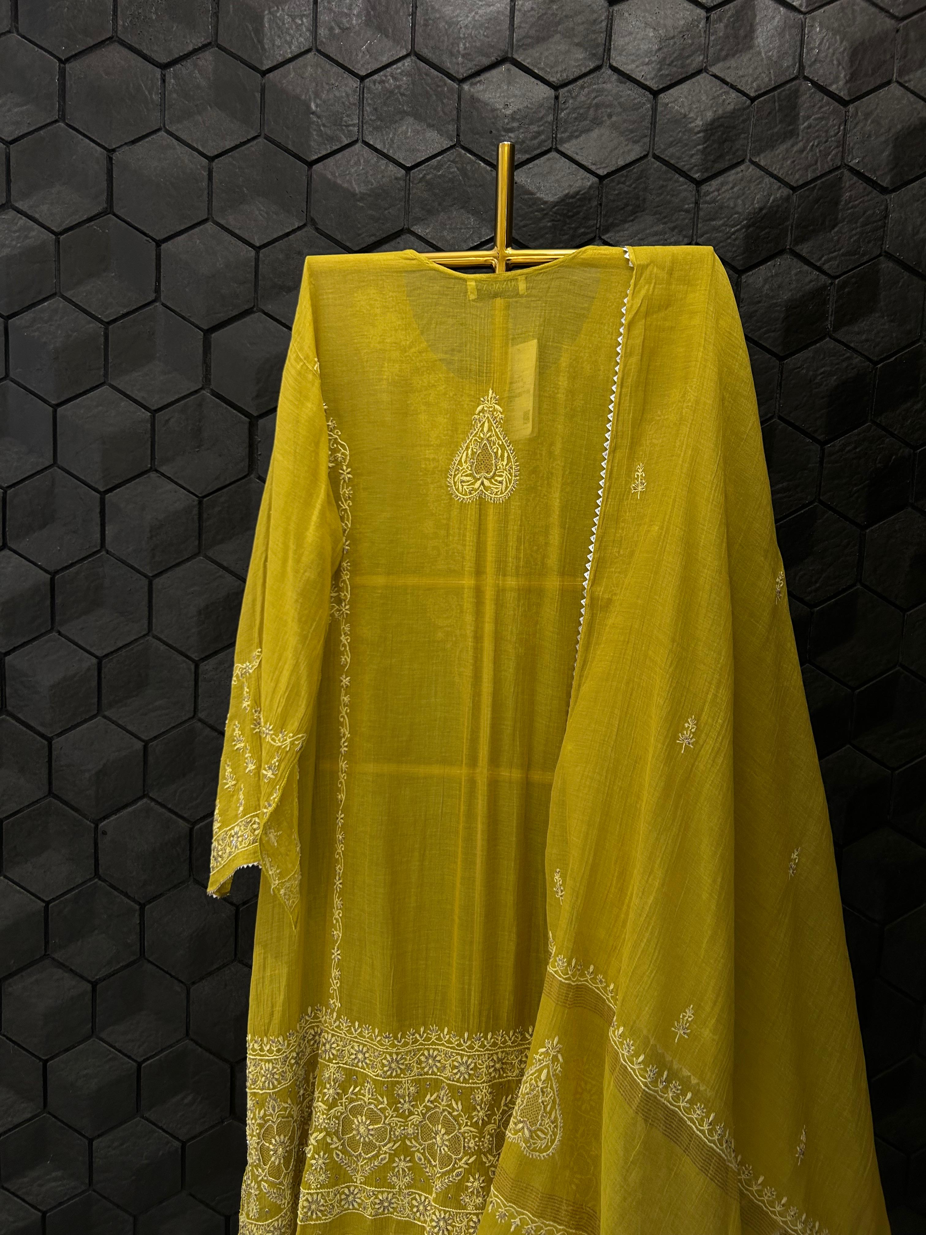 Green Zari Tissue Chikankari Kurta Set
