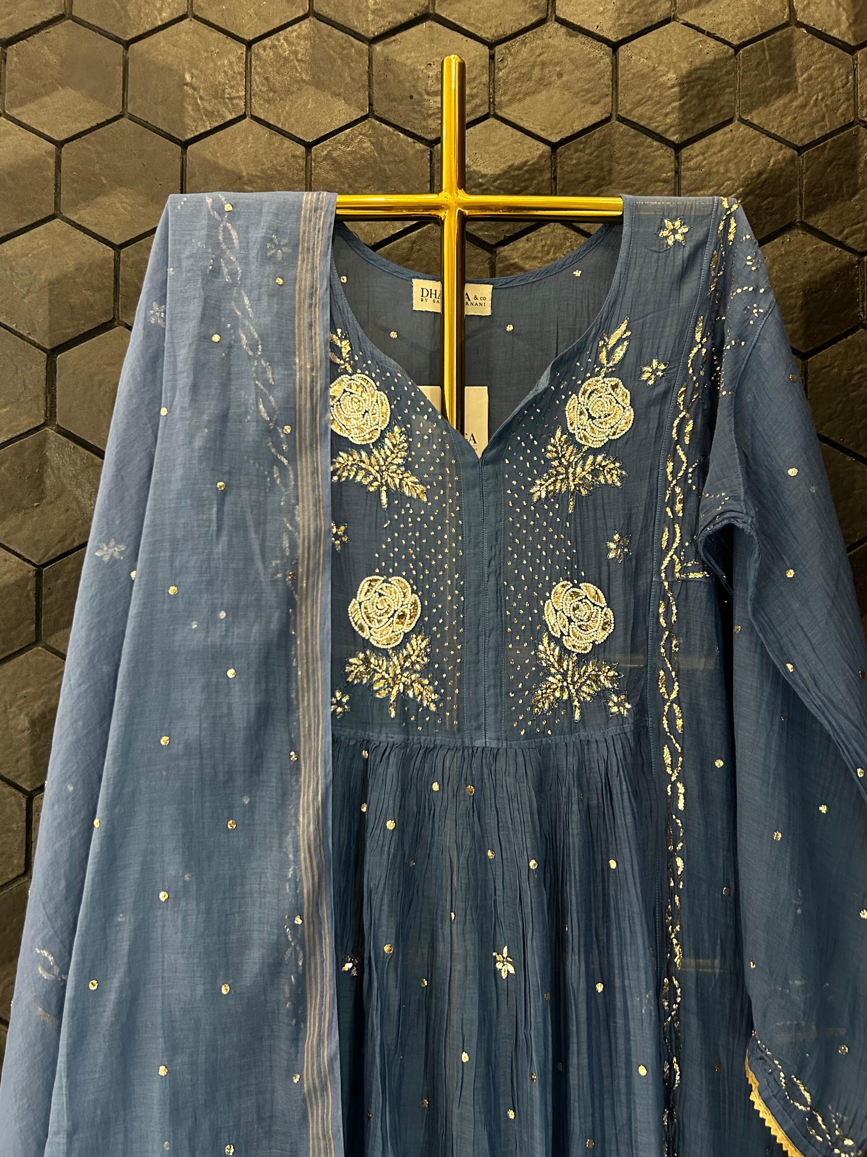 Blue Mul Chanderi Mukaish Kurta Set