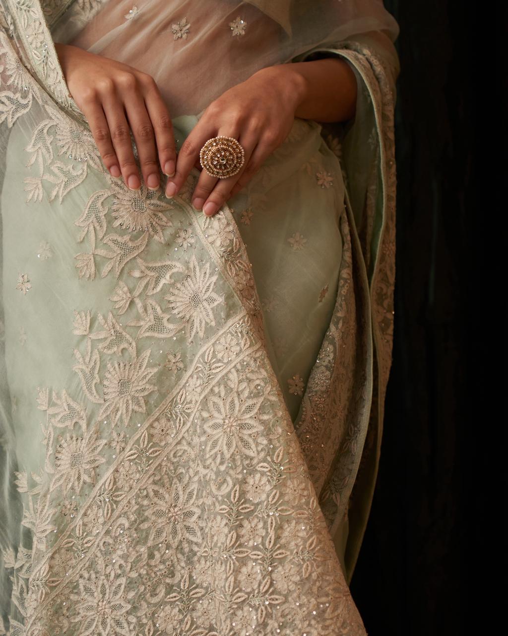 Green Organza Chikankari Saree