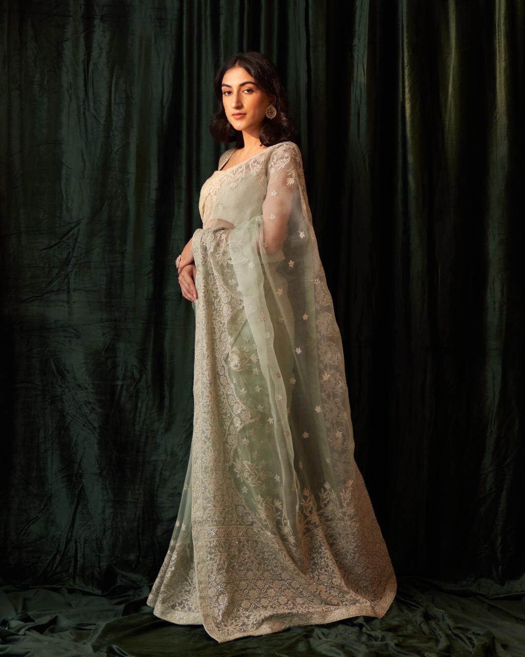 Green Organza Chikankari Saree
