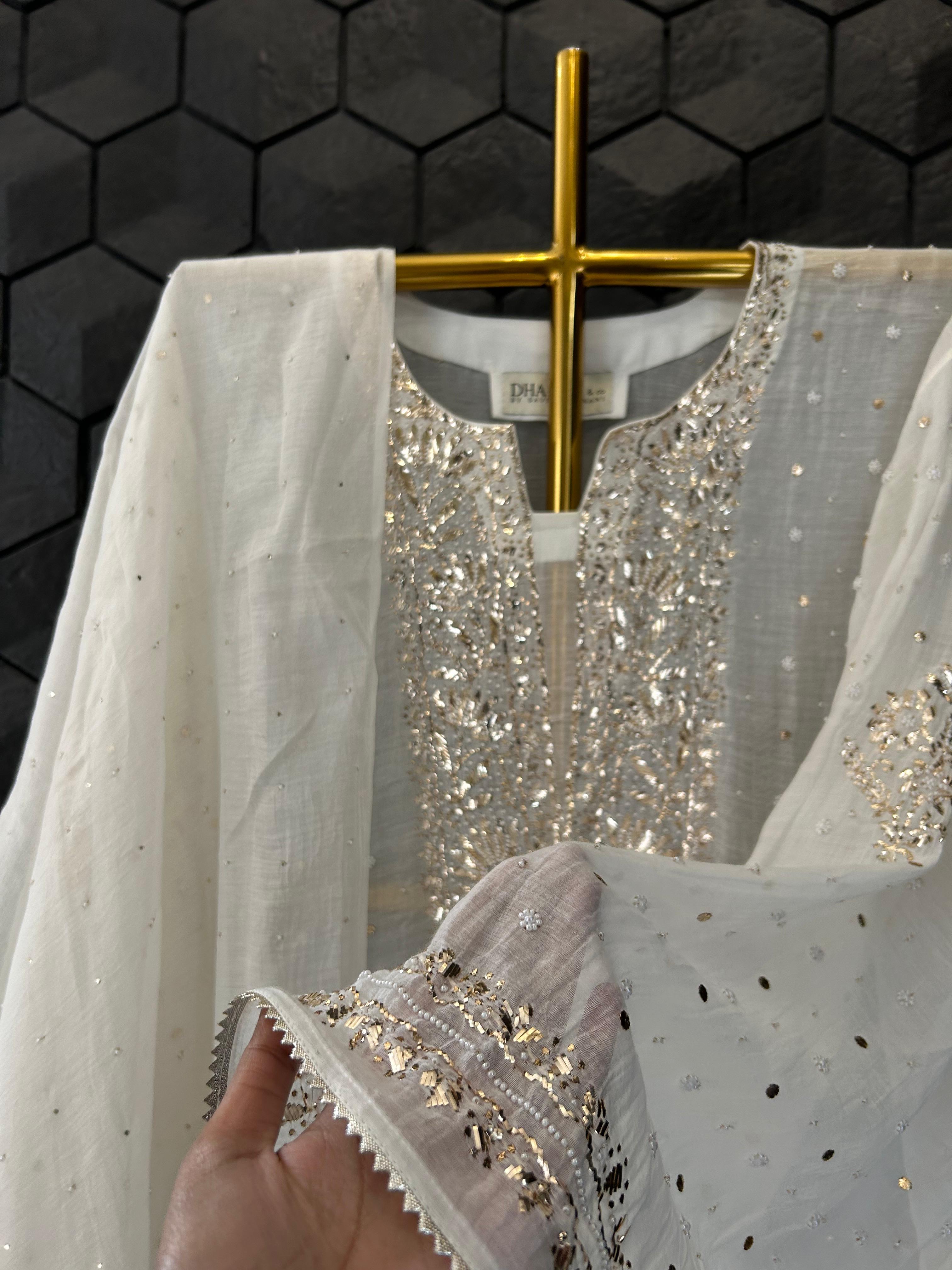 White Mul Chanderi Mukaish Kurta Set