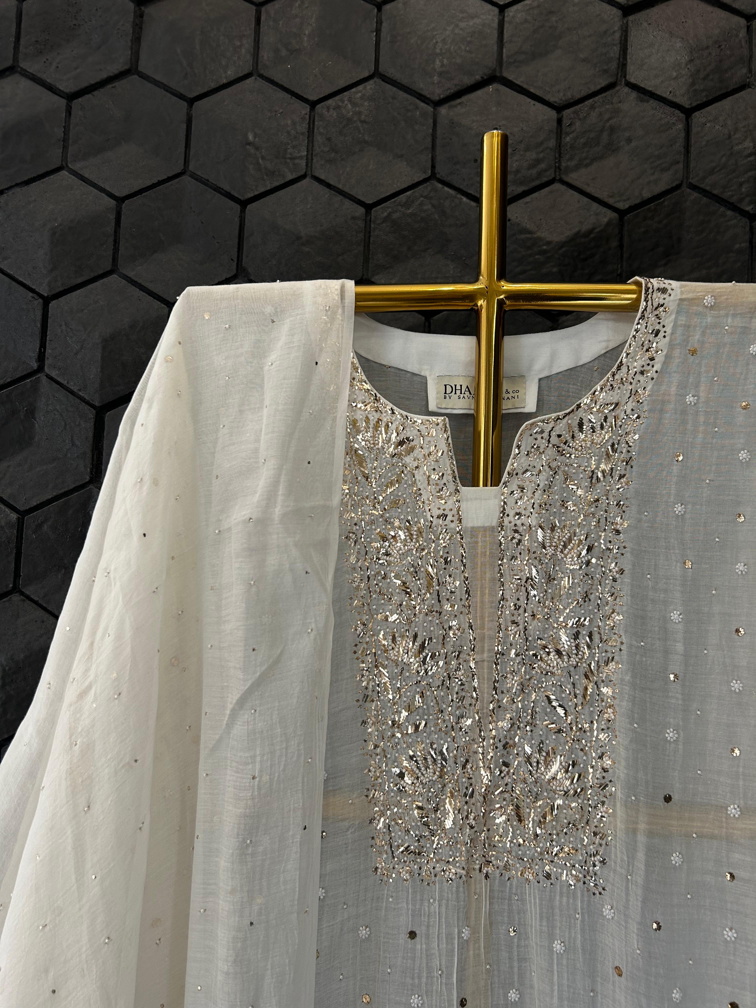 White Mul Chanderi Mukaish Kurta Set