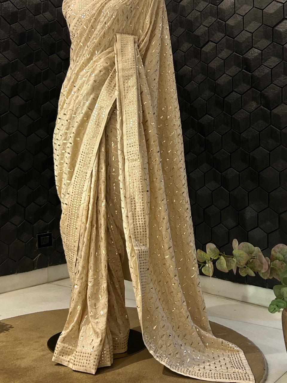 Brown Munga Silk Saree with Mukaish Work