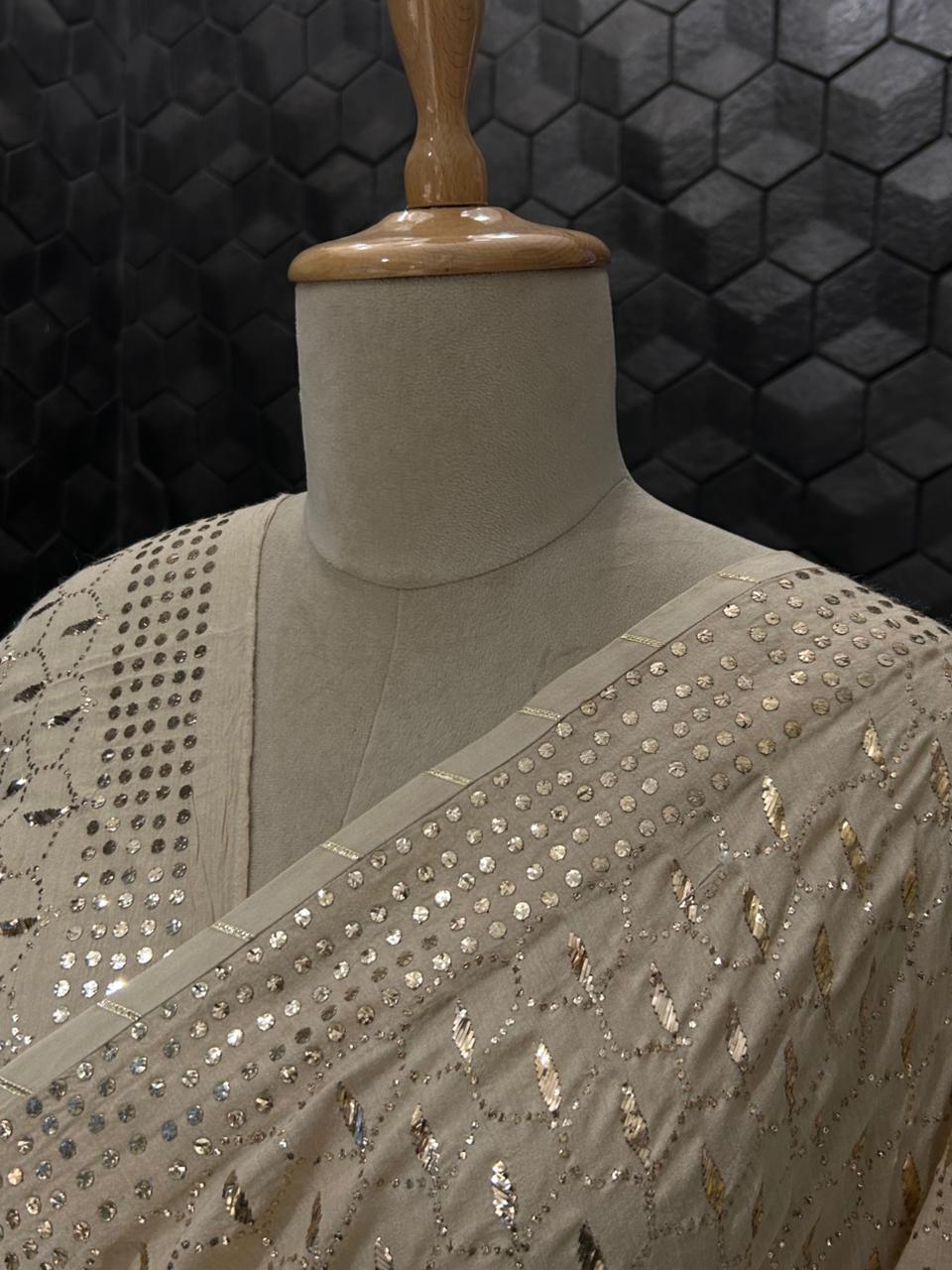 Brown Munga Silk Saree with Mukaish Work