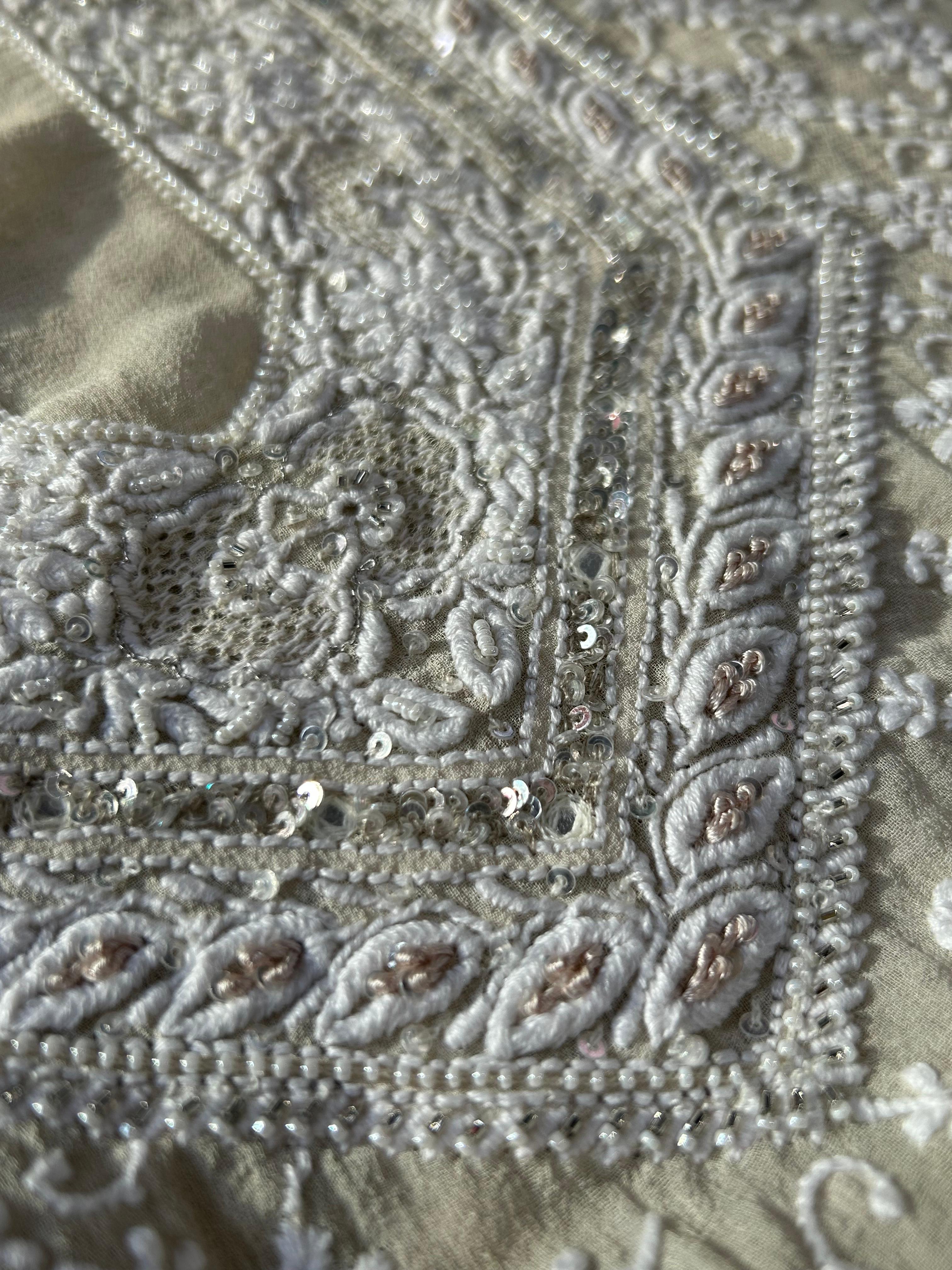 Ivory Georgette Chikankari Mens Kurta with statement jaali