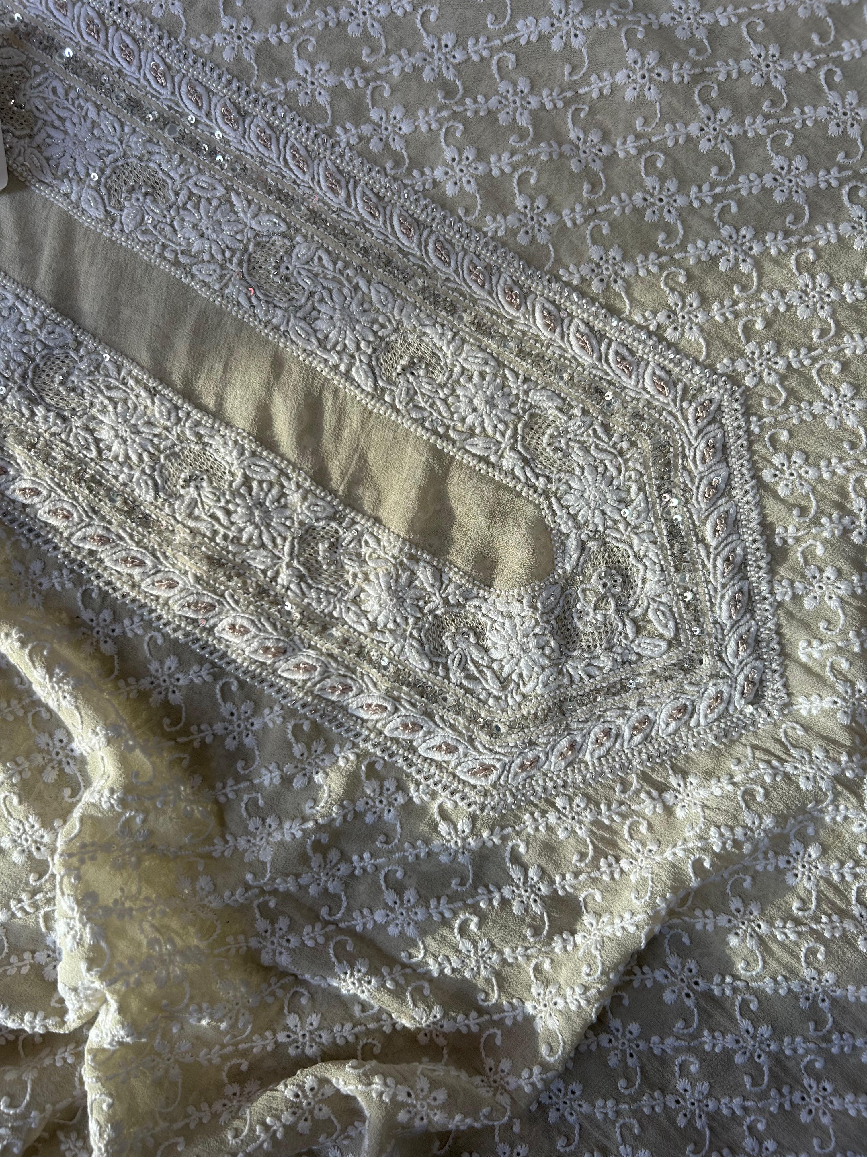 Ivory Georgette Chikankari Mens Kurta with statement jaali