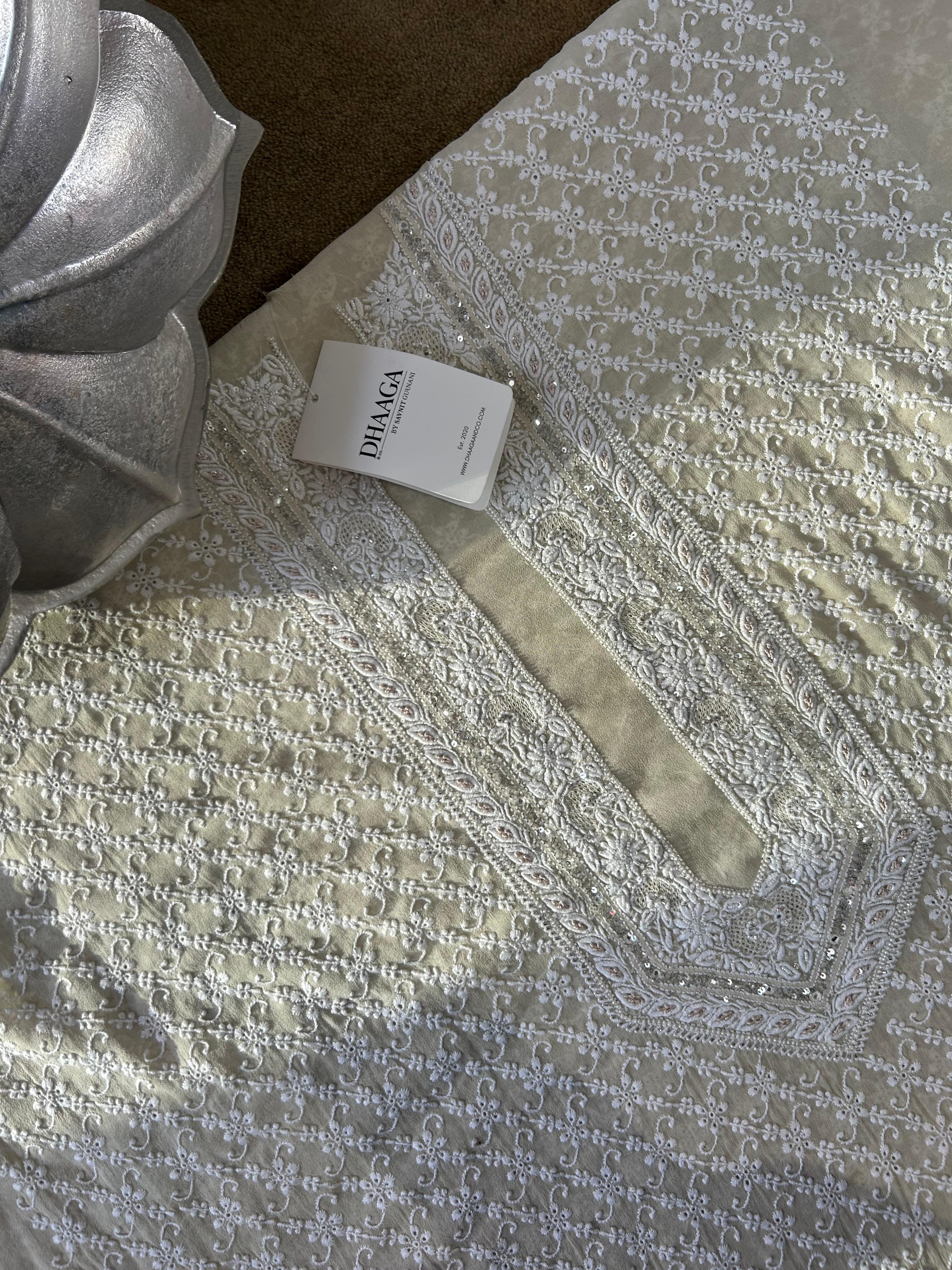 Ivory Georgette Chikankari Mens Kurta with statement jaali