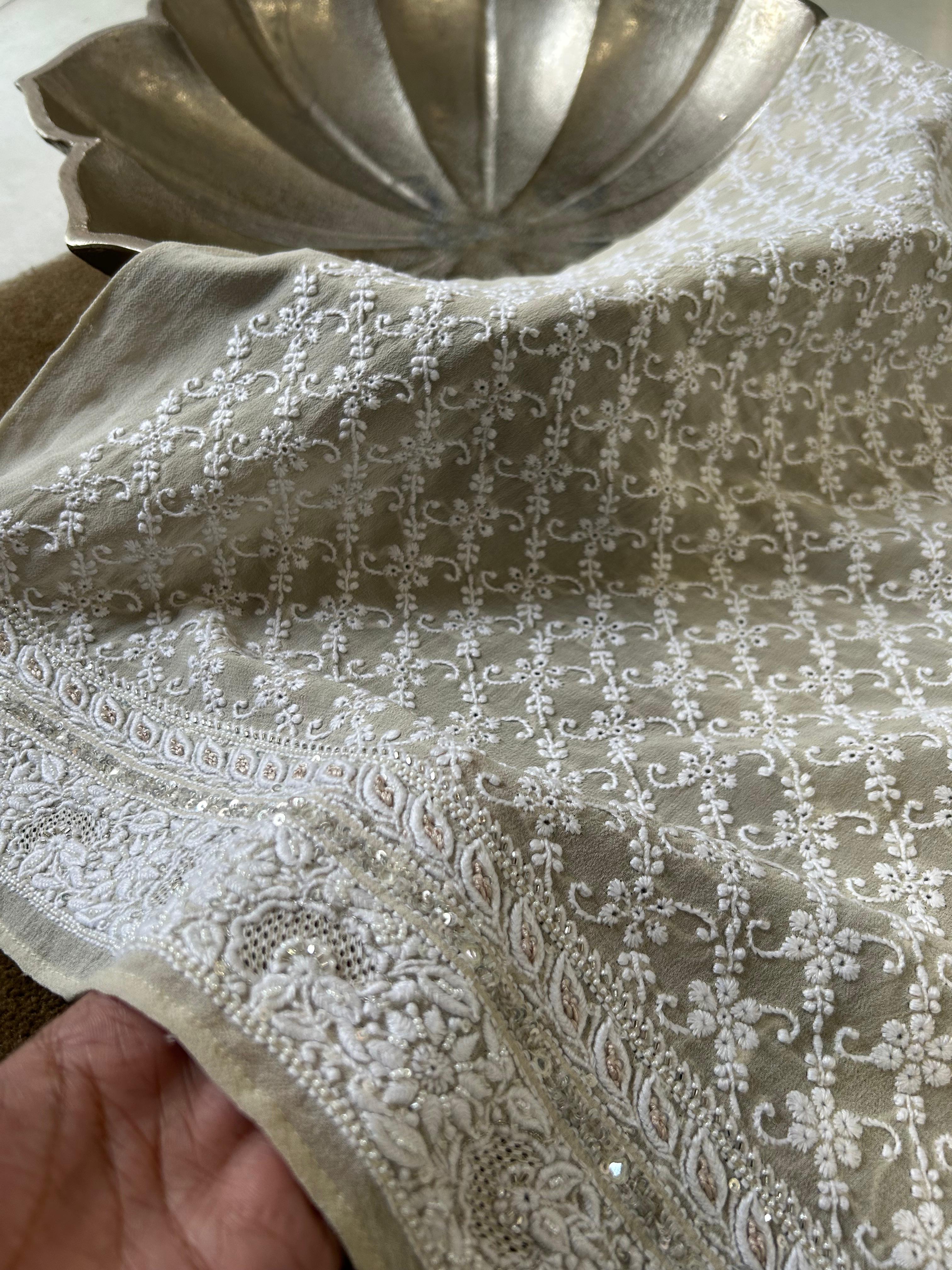 Ivory Georgette Chikankari Mens Kurta with statement jaali