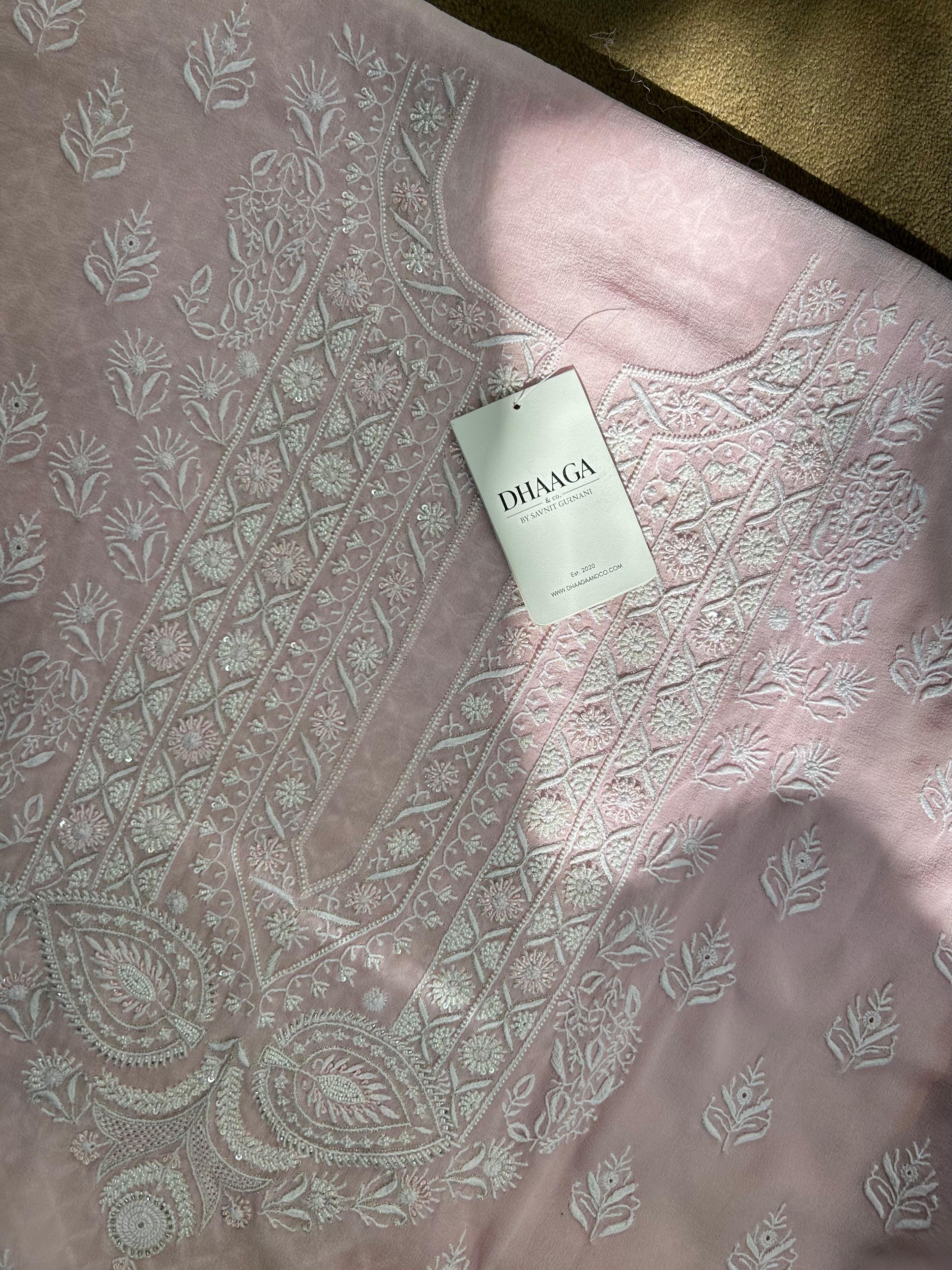 Pink Georgette Chikankari Mens Kurta