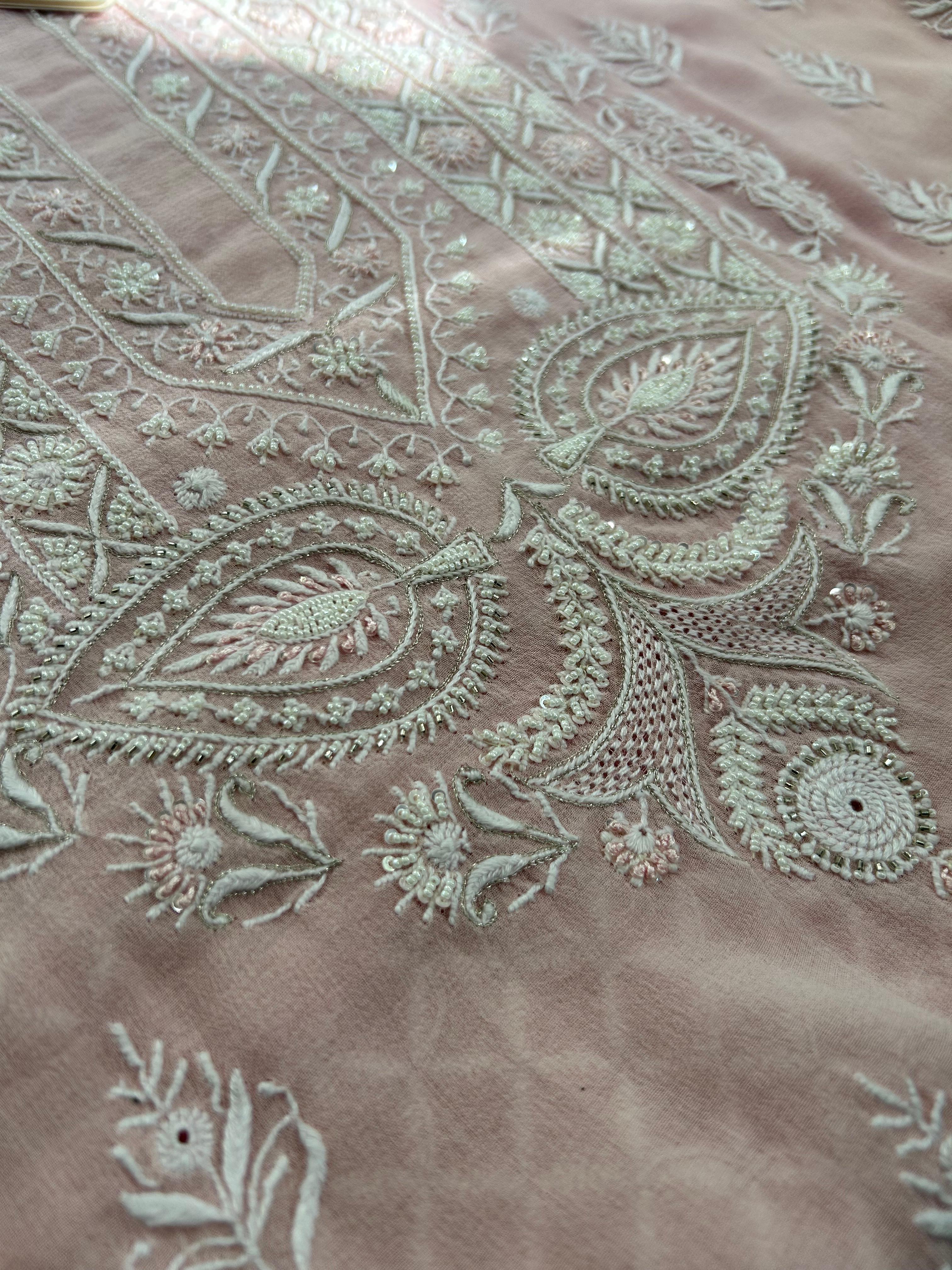 Pink Georgette Chikankari Mens Kurta