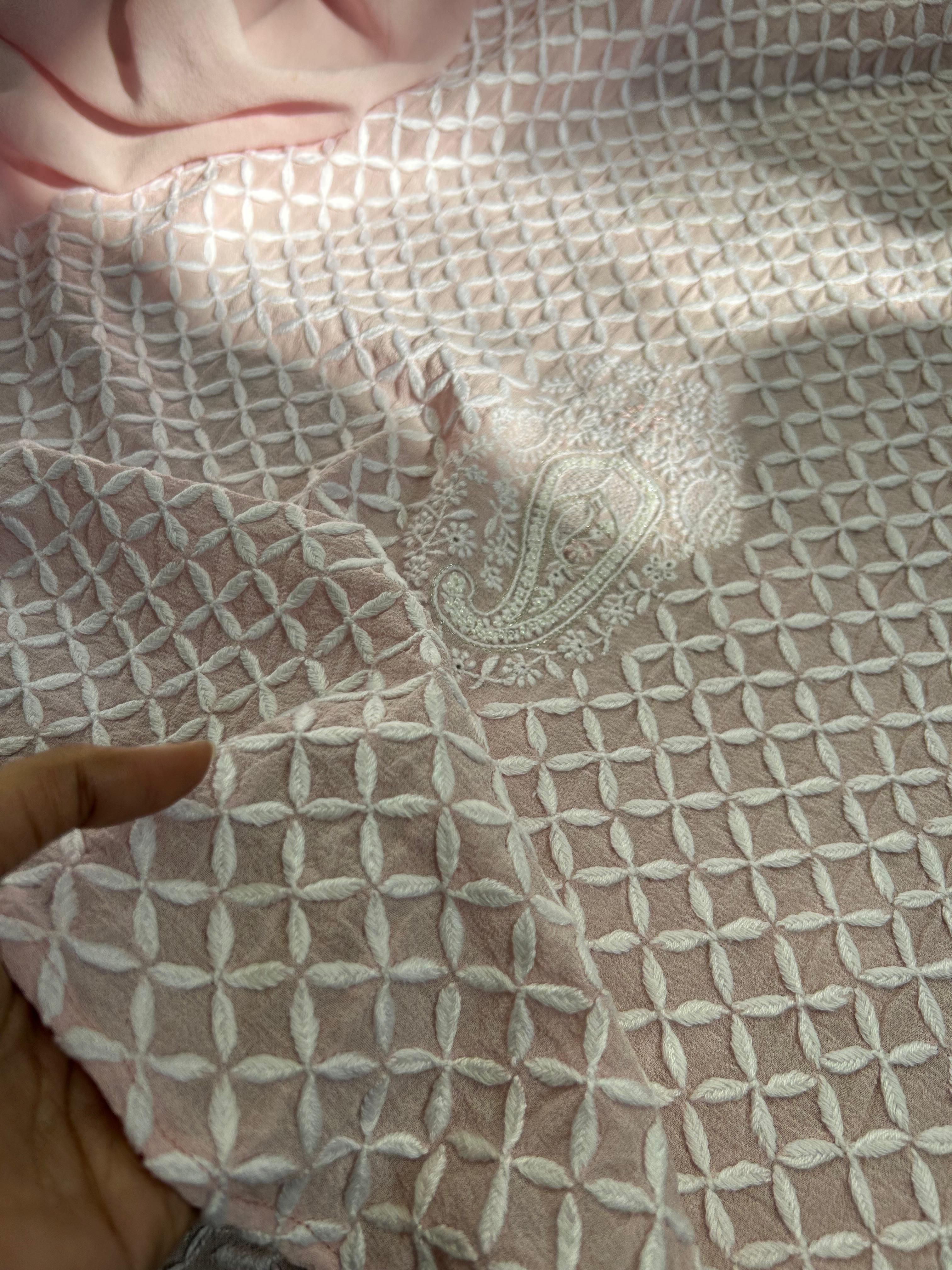 Pink Georgette Chikankari Mens Kurta