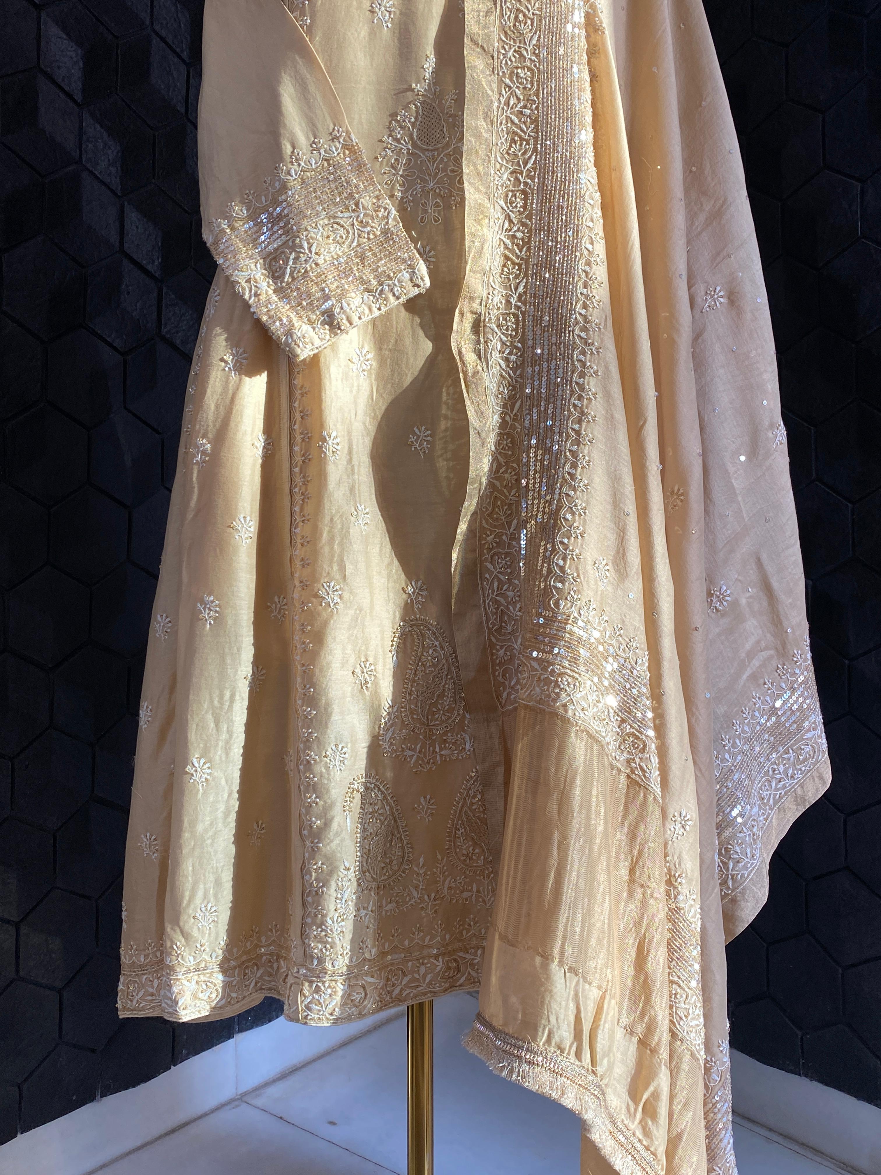 Gold Chanderi Chikankari  Anarkali  Set