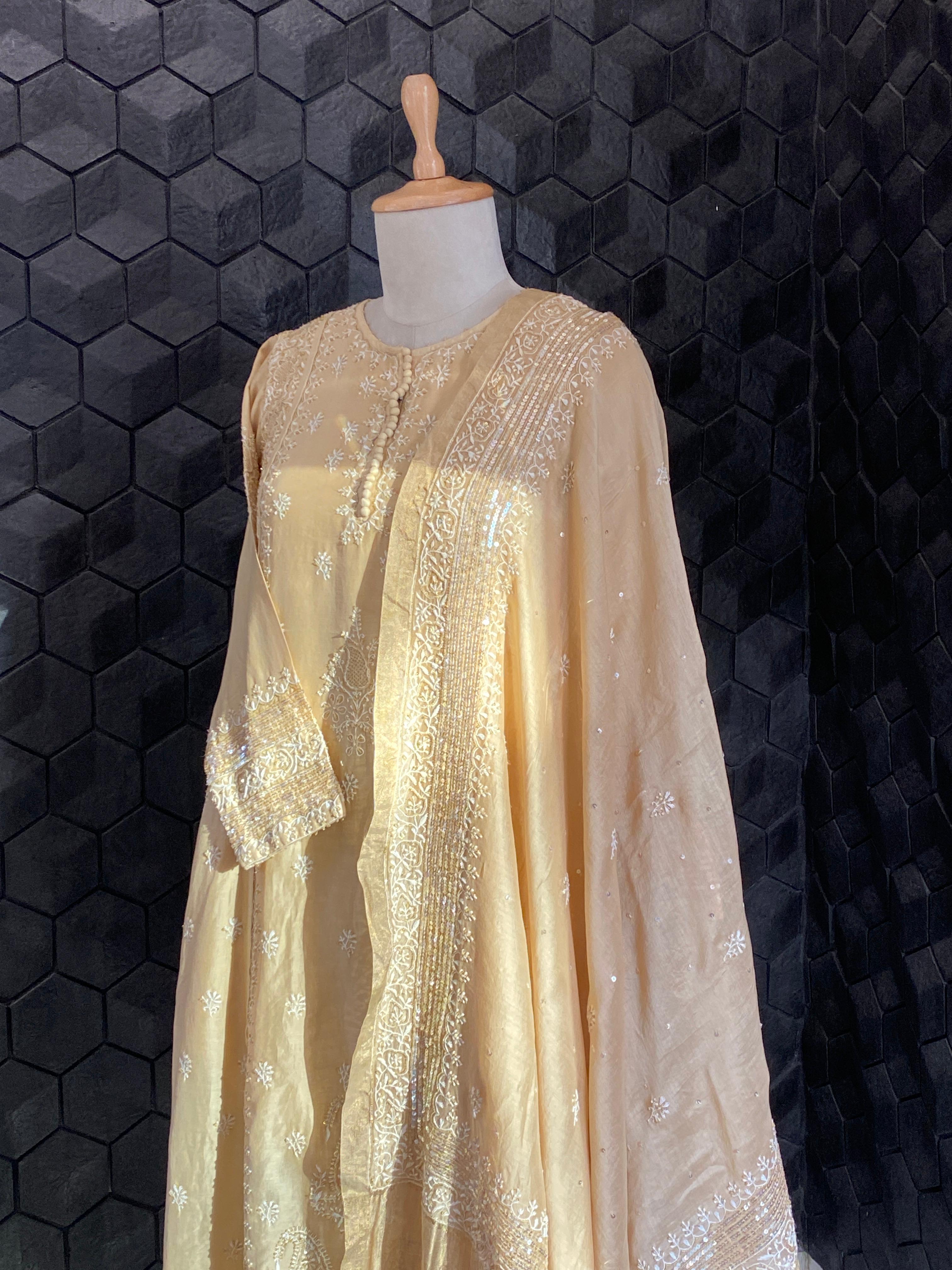 Gold Chanderi Chikankari  Anarkali  Set