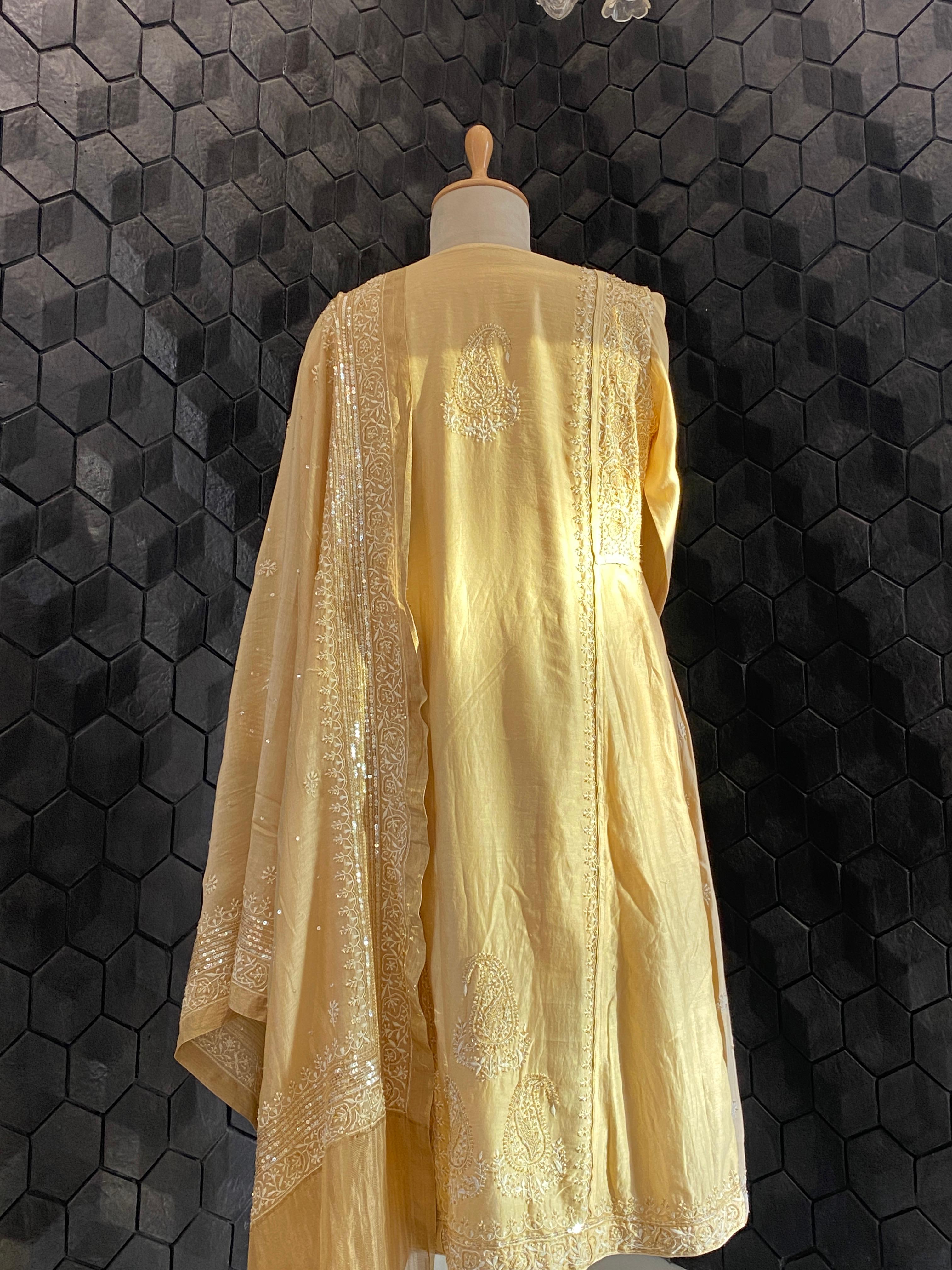 Gold Chanderi Chikankari  Anarkali  Set