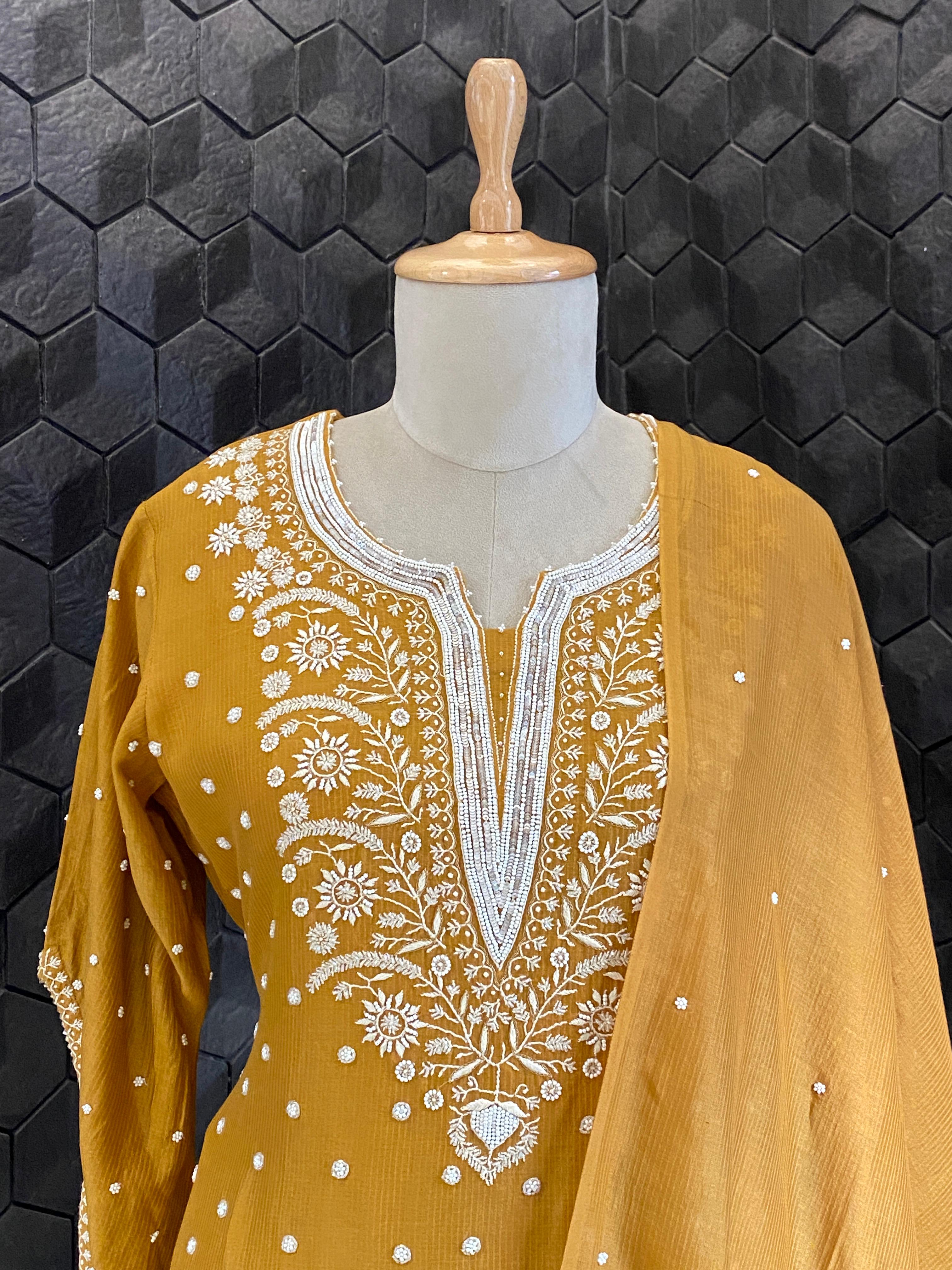 Mustard Maheshwari Chikankari Suit Set