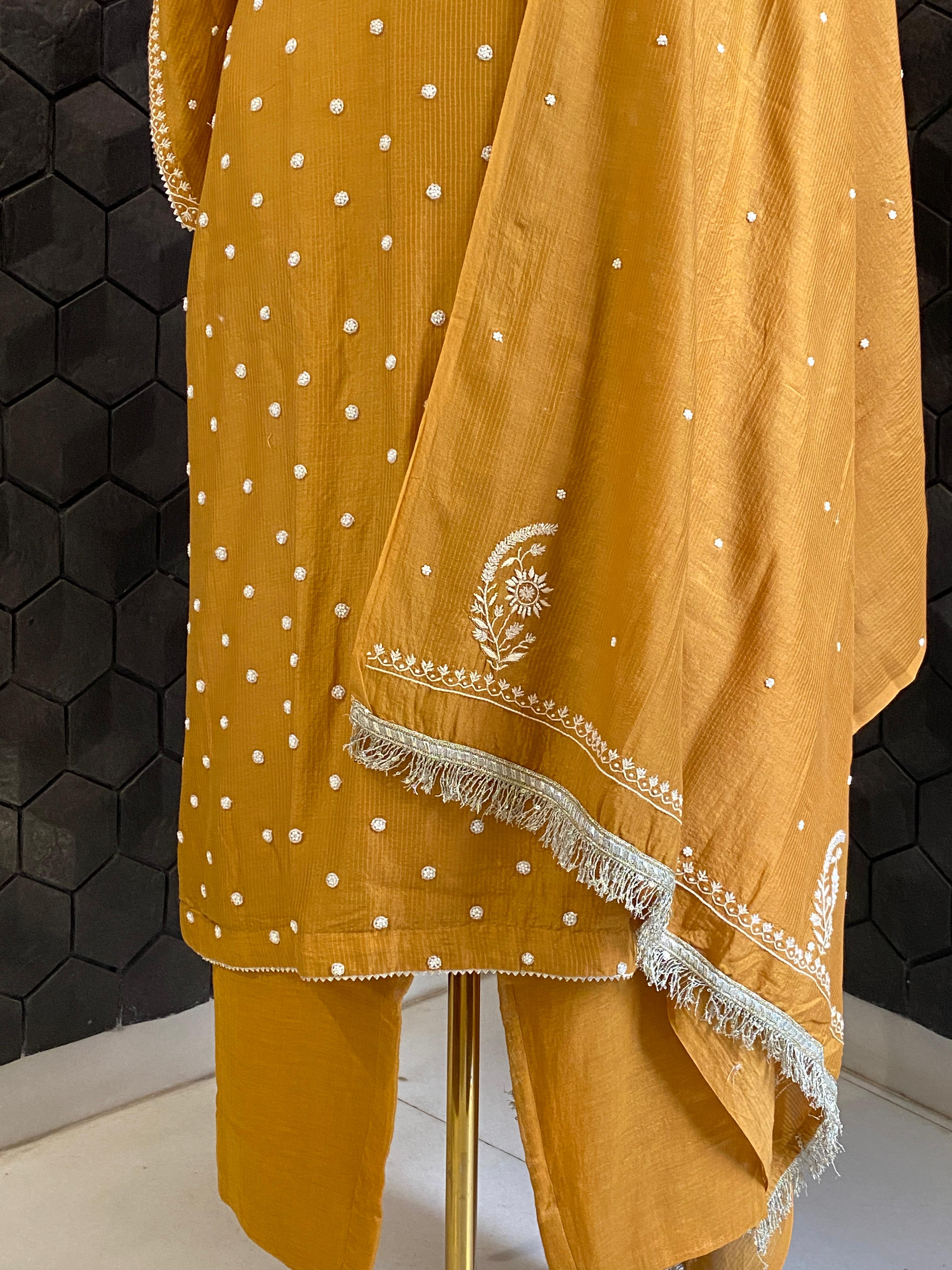 Mustard Maheshwari Chikankari Suit Set