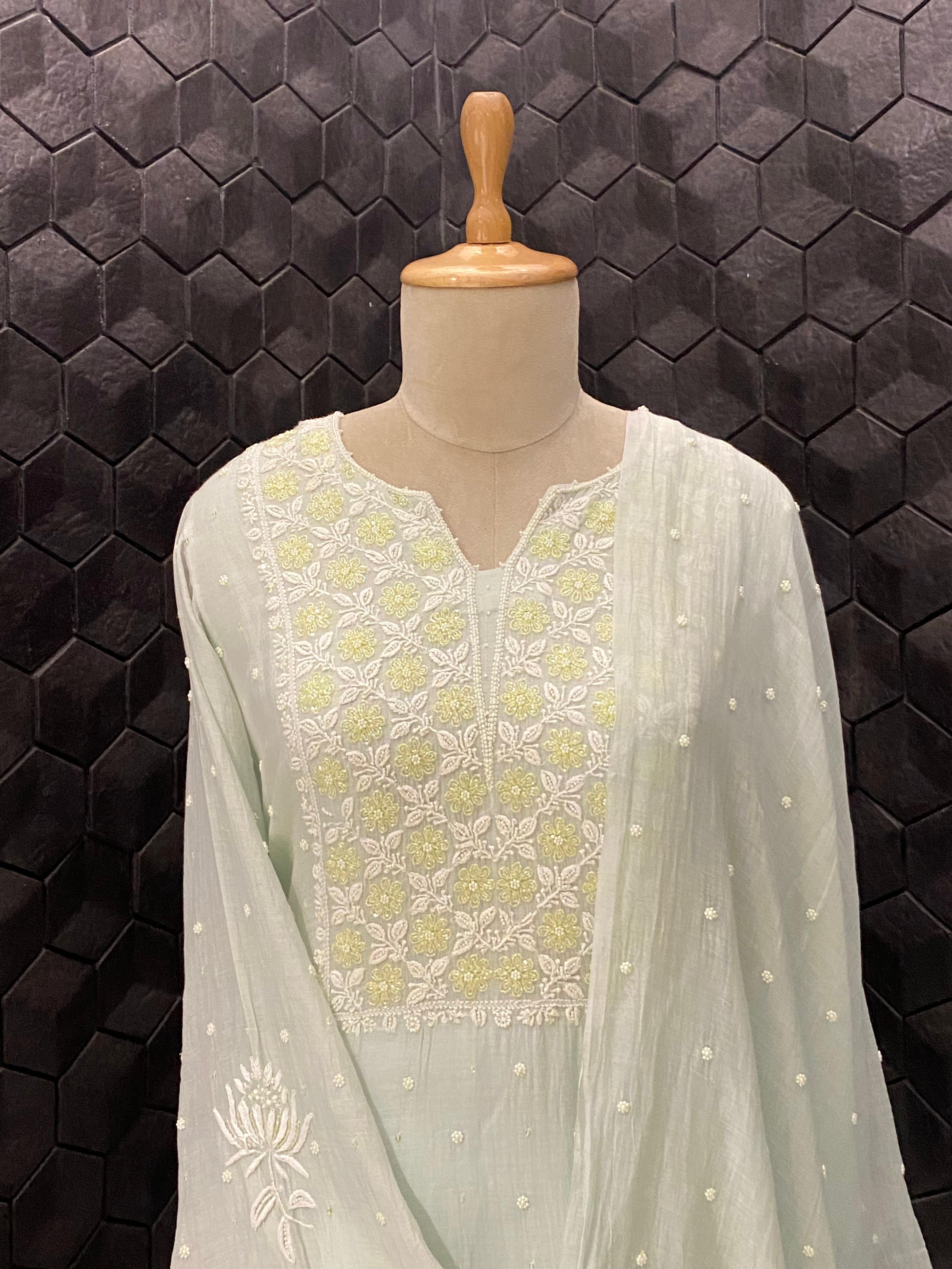 Green Mul Chanderi Chikankari Kurta Set