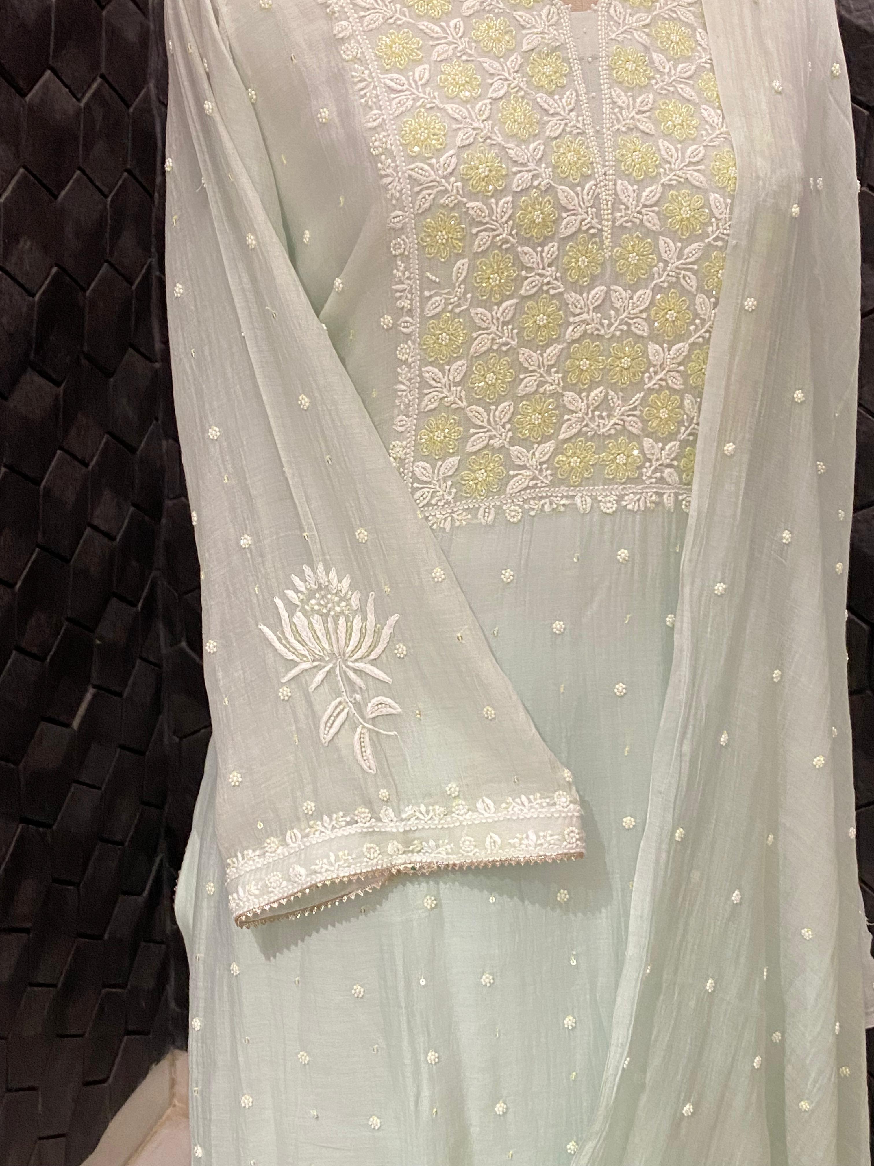 Green Mul Chanderi Chikankari Kurta Set