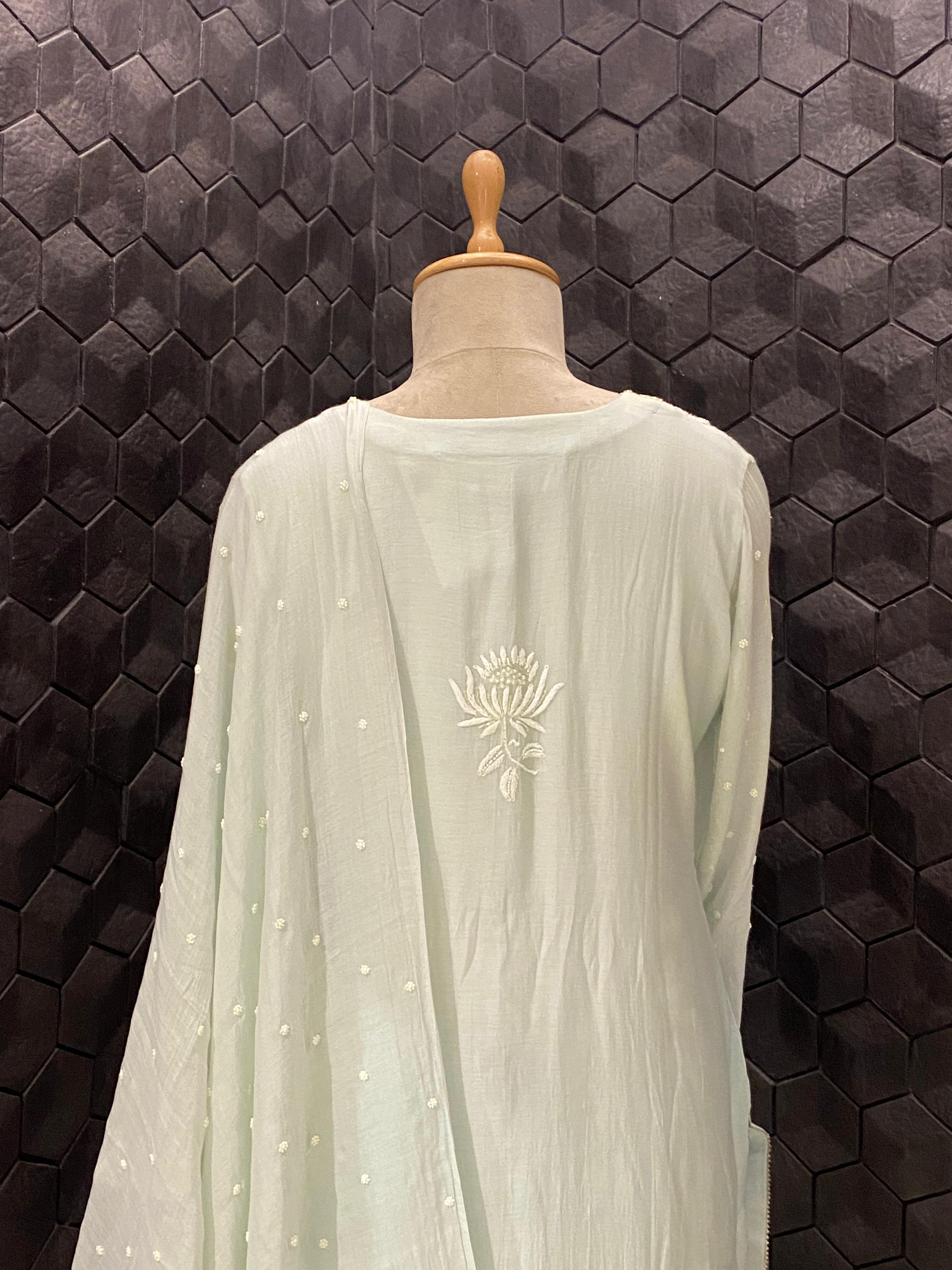 Green Mul Chanderi Chikankari Kurta Set