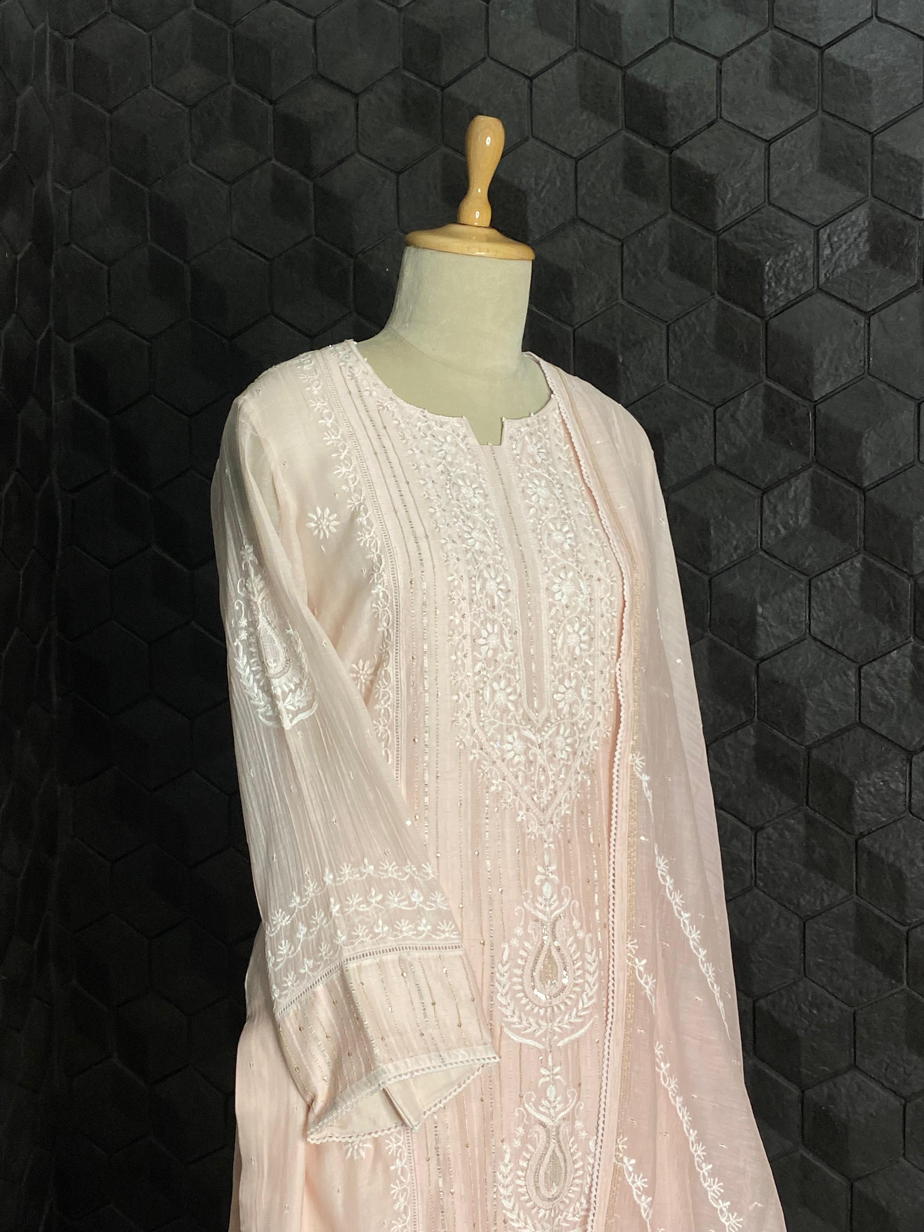 Pink Mul Chanderi Chikankari Suit Set