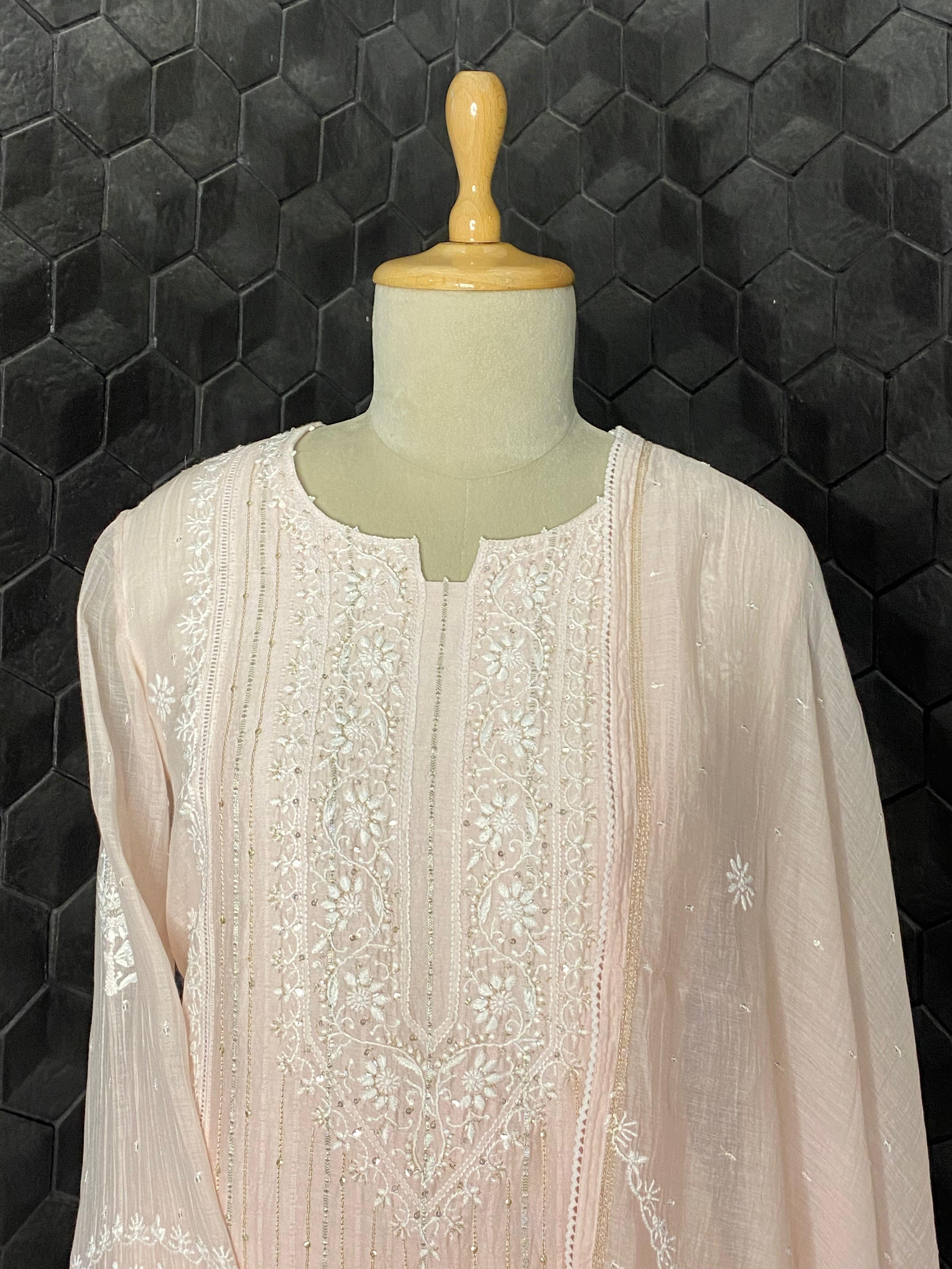 Pink Mul Chanderi Chikankari Suit Set